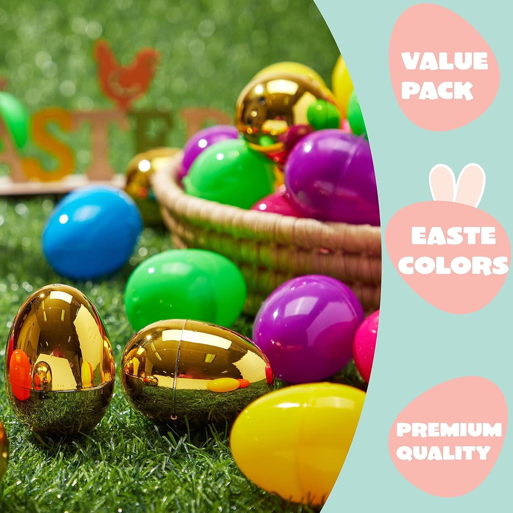 Joyfy 150 Pcs 2.3" Easter Eggs, Fillable Empty Plastic Easter Eggs Bulk with 6 Pcs Gold Eggs for Easter Hunt, Filling Treats, Party Favor, Basket Stuffers, Classroom Prize Supplies, Decoration
