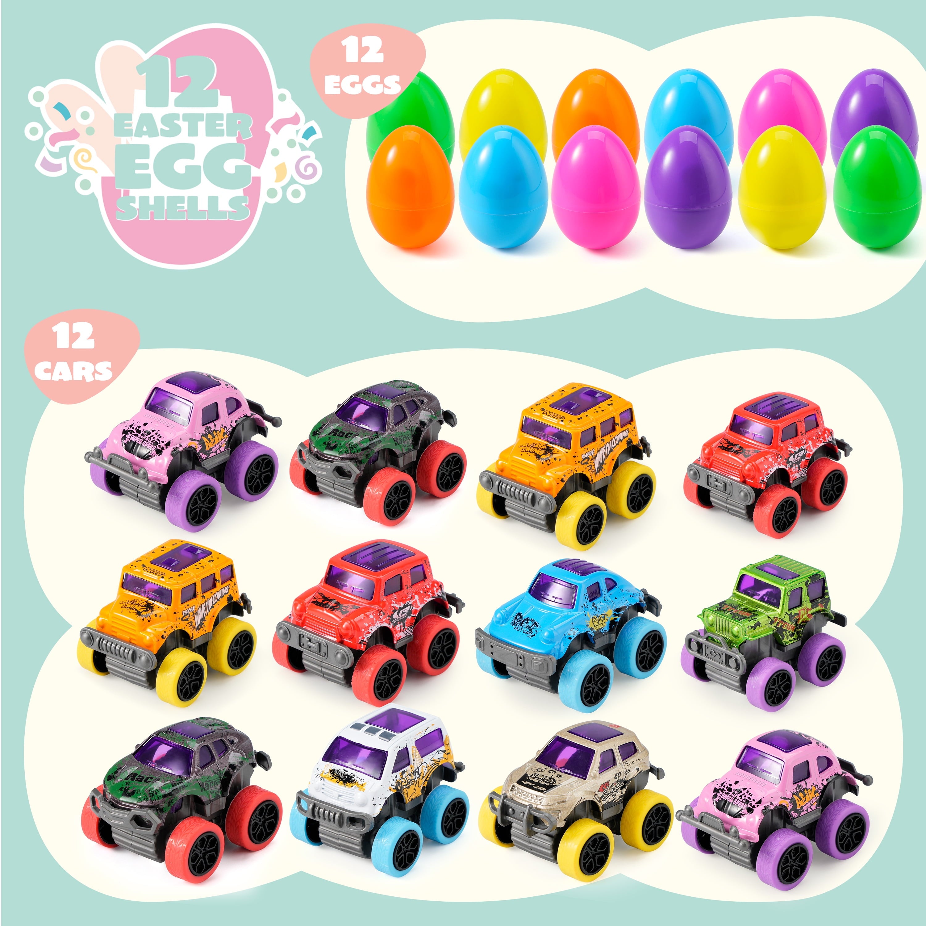 Joyfy 24 Pcs Easter Eggs Filled with Toys(12 Cars and 12 Eggs),Easter Egg Fillers Mini Toys Truck Basket for Toddlers Kids Boys,Easter Egg Hunt Supplies