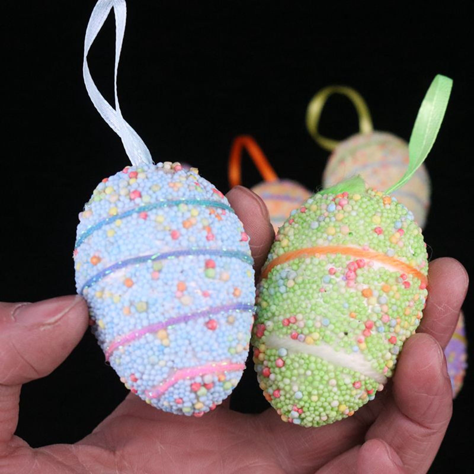 Holloyiver 6Pcs Glitter Easter Egg Ornaments, Colorful Decorative Easter Egg Foam Egg Tree Hanging Ornaments DIY Craft for Easter Home Office Party Decor, 2.4 x 1.6 Inch