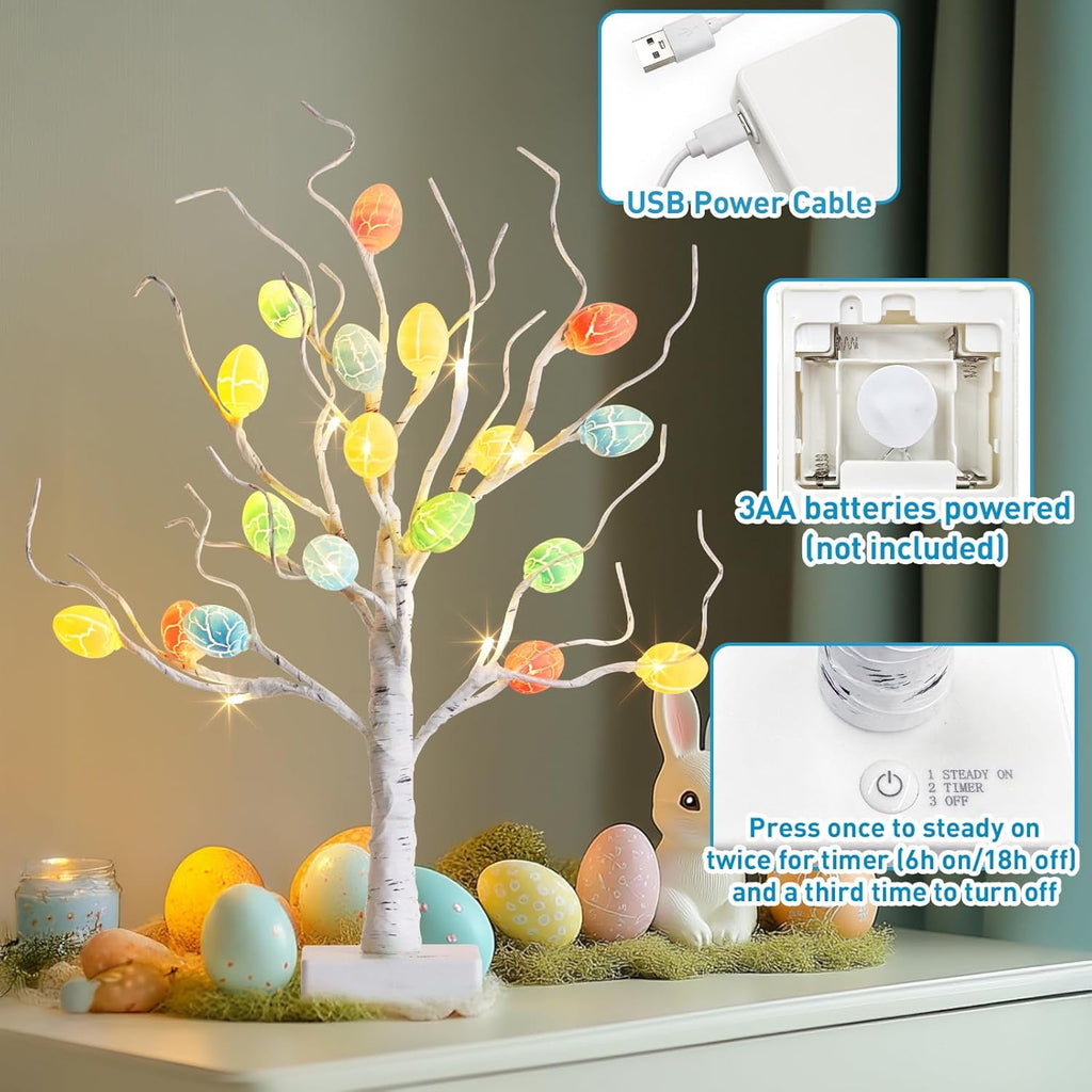 Easter Decorations,  Lighted Easter Egg Tree Tabletop 21-inch Artificial Birch Tree Lights Include 24 Pieces Egg Ornament for Spring Holiday Tabletop Decor