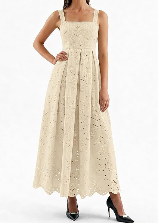 PRETTYGARDEN Womens Sleeveless Maxi Summer Dresses Hollow Out Eyelet Square Neck Ruffle Flowy Beach Vacation Sundress