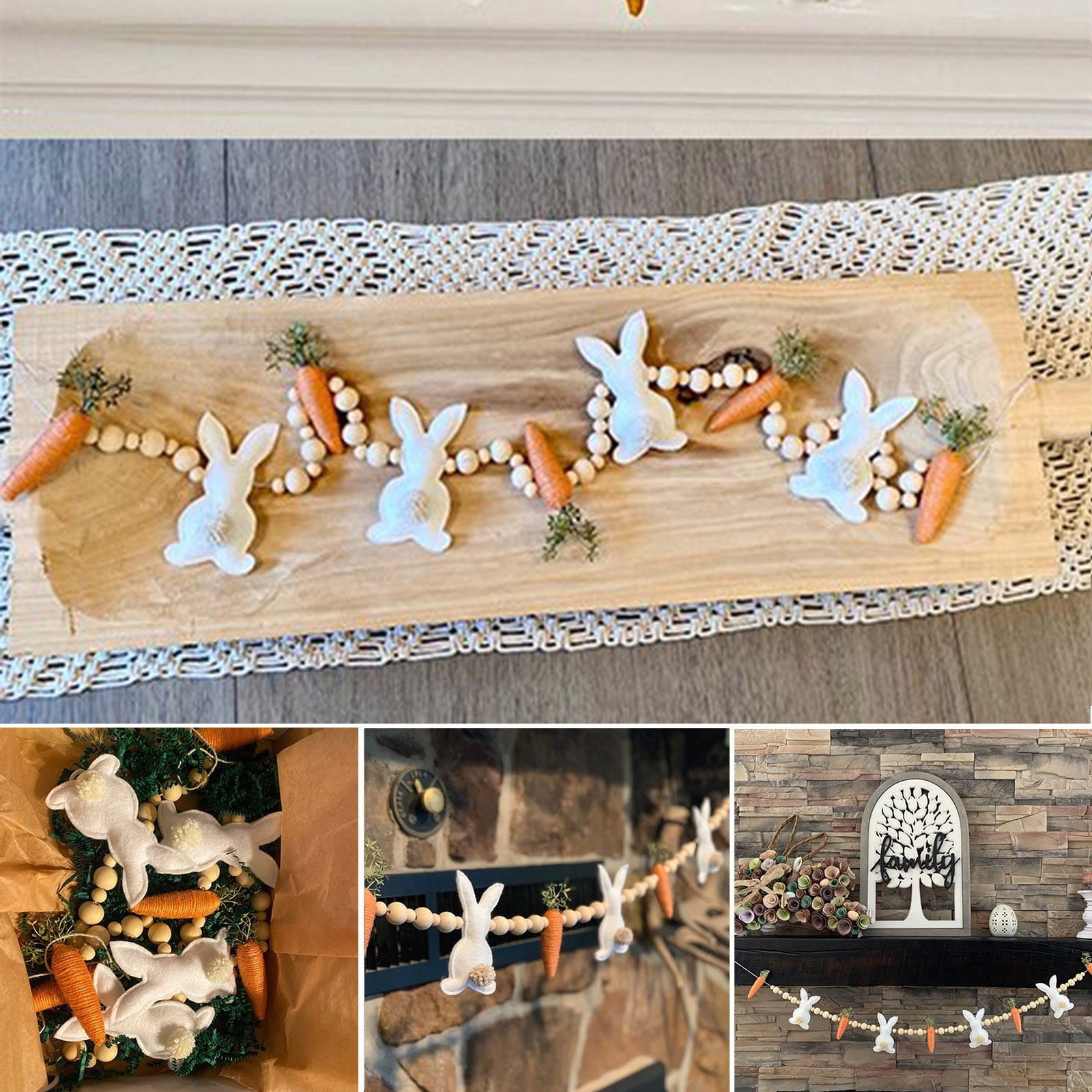 PULMCheerger Easter Bunny Carrot Garland, Wooden Beads Rabbit Easter Banner Decorations, Easter Bunny Carrot Beaded Garland Pendant, Easter Banner Decoration for Farmhouse Home Decor Hanging