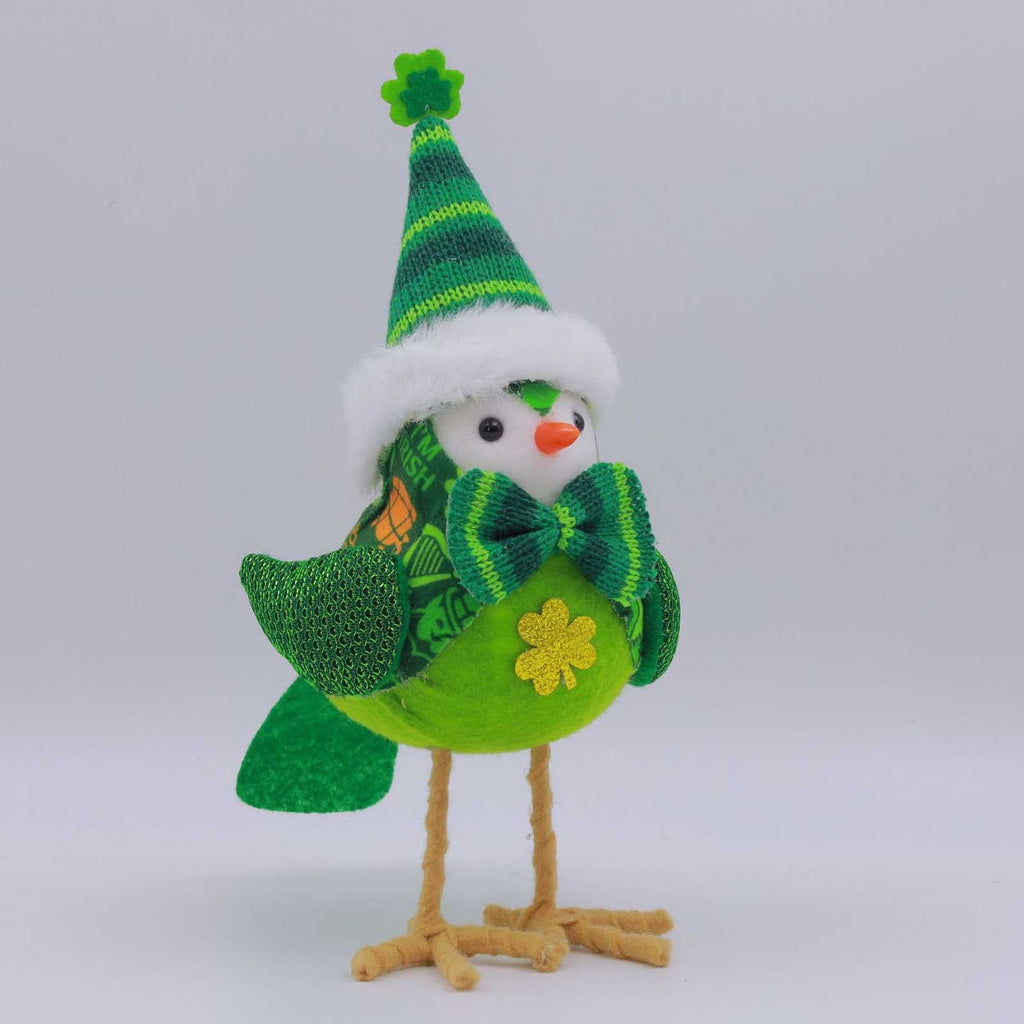 Lksixu St.Patrick's Day Birds Ornaments, 3D Green Shamrock Bird Figurines with Hat and Bow, Handmade Irish Luck Inseparable Birds Doll Spring Table Decor Animals Garden Statue for Window Party