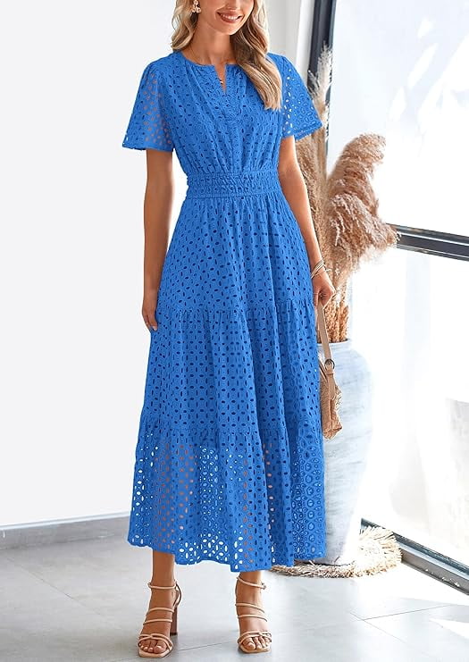 PRETTYGARDEN Womens Summer Maxi Dress Short Sleeve V Neck Hollow Out Eyelet A Line Long Flowy Beach Vacation Dresses