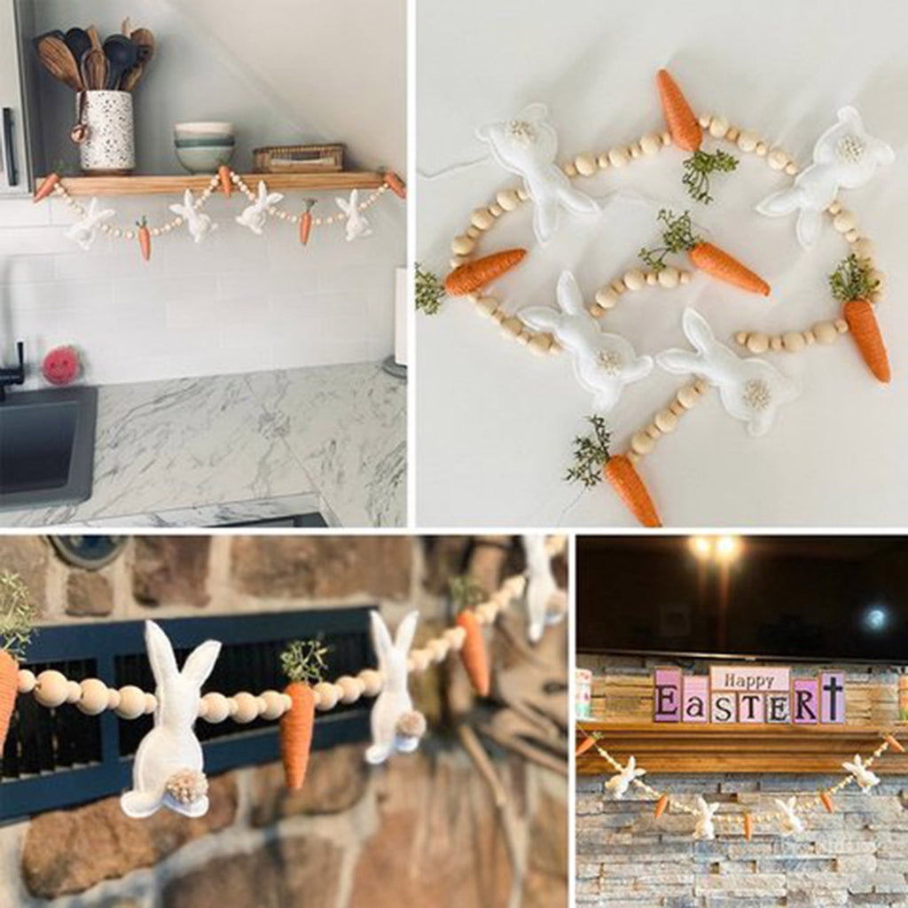 PULMCheerger Easter Bunny Carrot Garland, Wooden Beads Rabbit Easter Banner Decorations, Easter Bunny Carrot Beaded Garland Pendant, Easter Banner Decoration for Farmhouse Home Decor Hanging