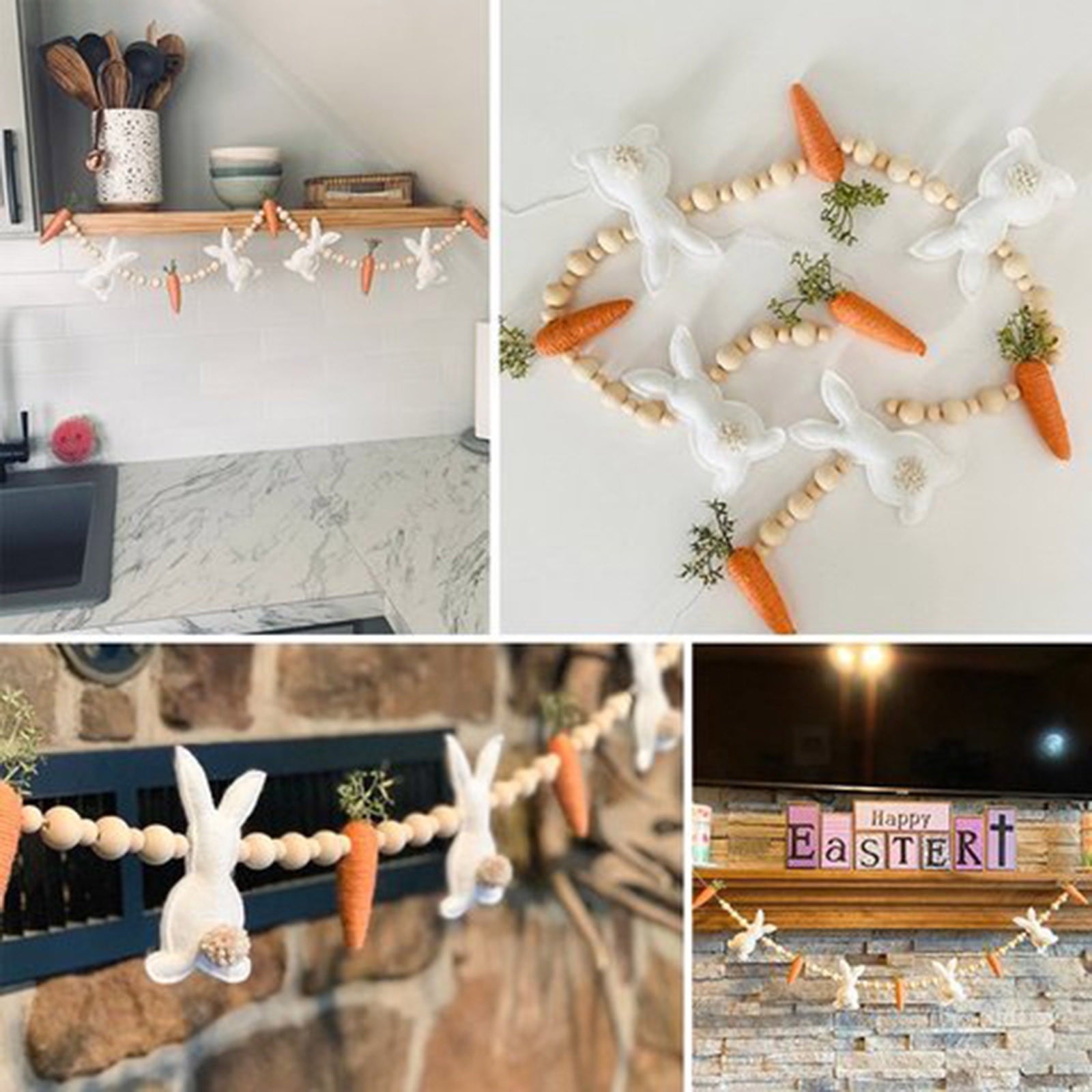 PULMCheerger Easter Bunny Carrot Garland, Wooden Beads Rabbit Easter Banner Decorations, Easter Bunny Carrot Beaded Garland Pendant, Easter Banner Decoration for Farmhouse Home Decor Hanging