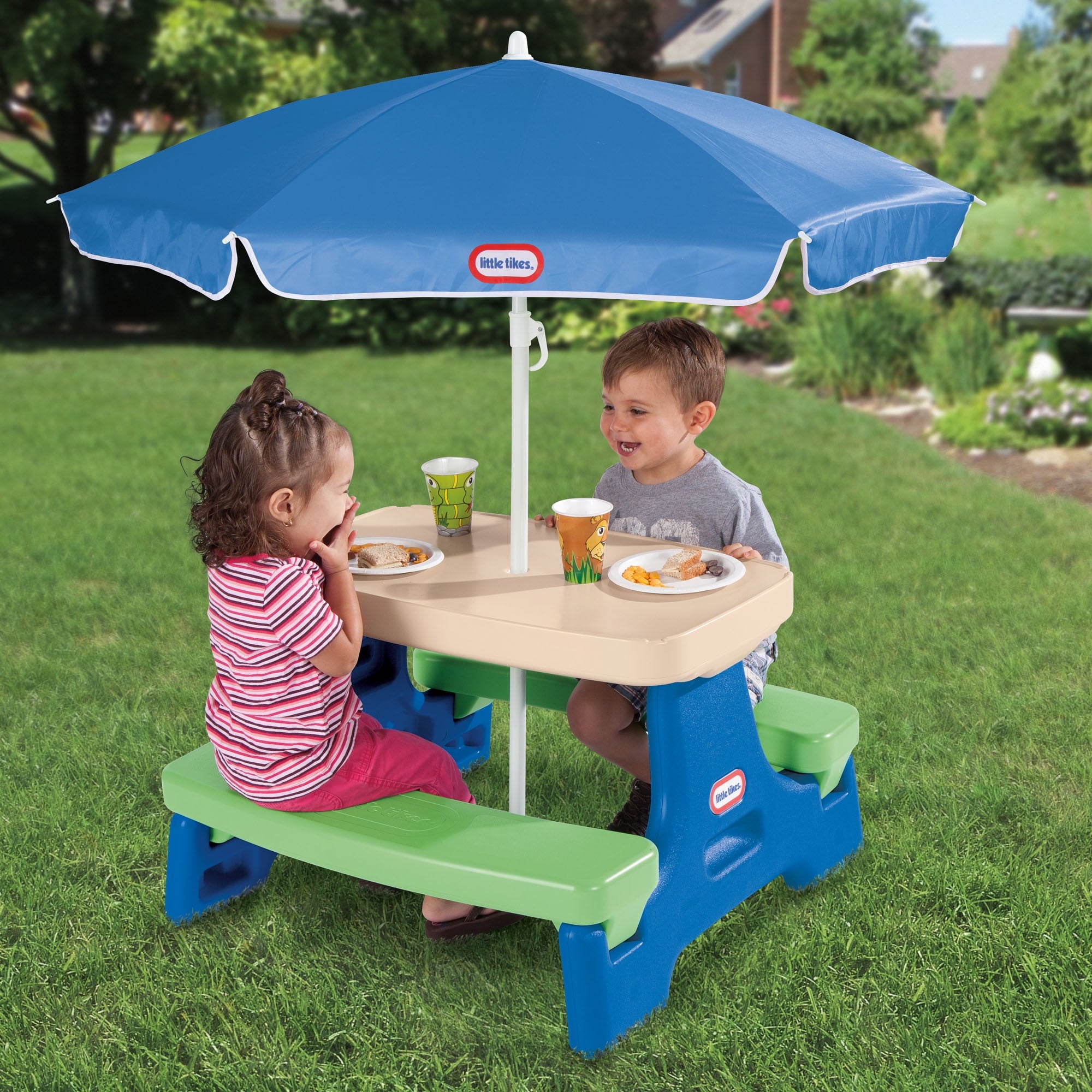 Little Tikes Outdoor Portable Kids Picnic Table with Umbrella, Blue Green, Ages 2+