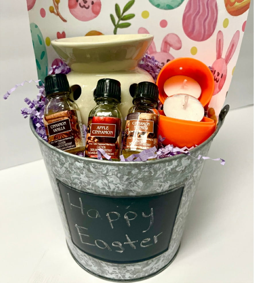 Hosley Easter Basket Gift Set. Including 1 Metal Pail 7" Dia x 6" H & 1 Cream Ceramic Warmer & 3 Pack Warming Oils 12ml Each