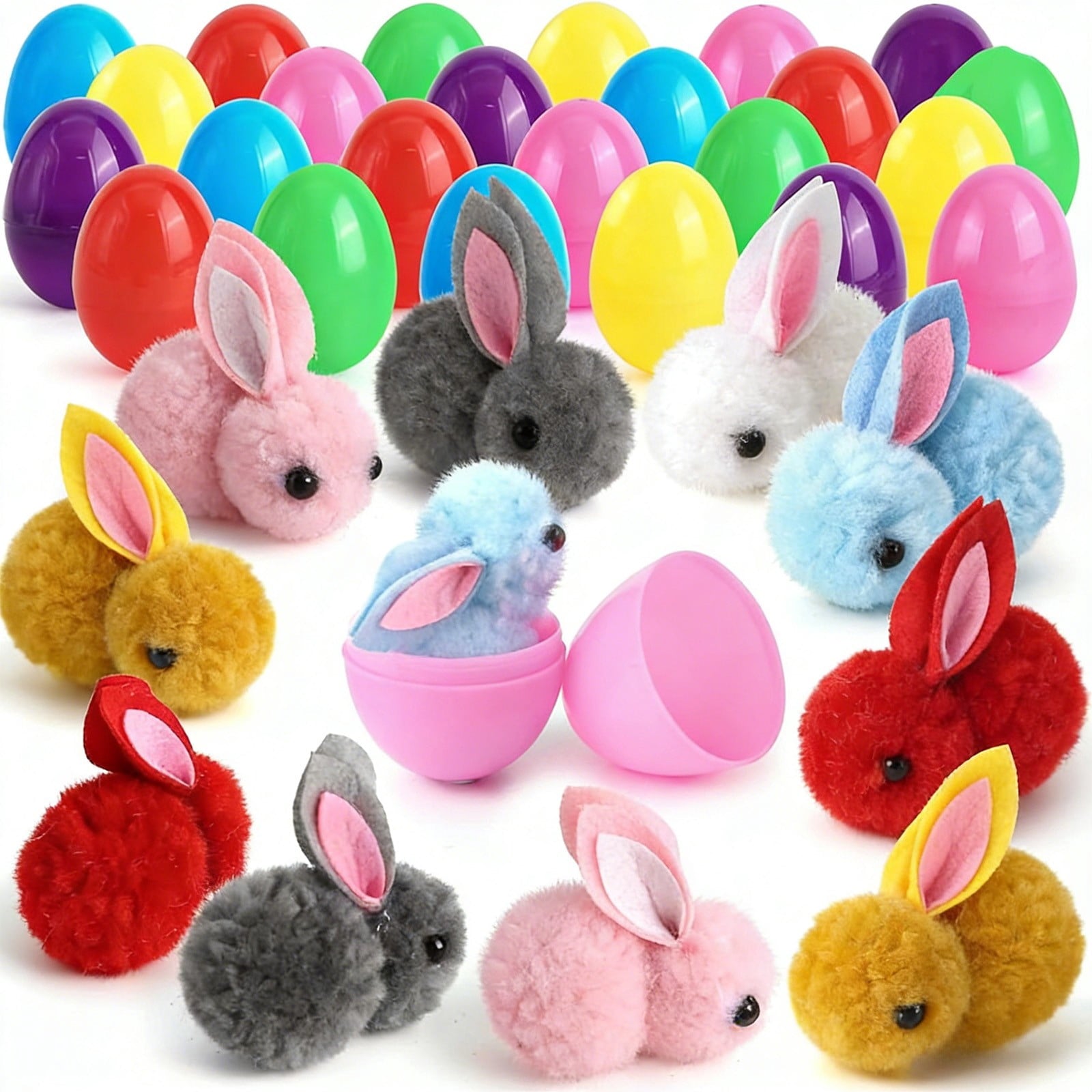 Tyidzon Easter Eggs with Plush Bunny Inside, 12/24 Pack Plush Rabbit in Plastic Eggs, 2.8" Mini Surprise Easter Toys for Basket Stuffers Eggs Hunt Party Favors