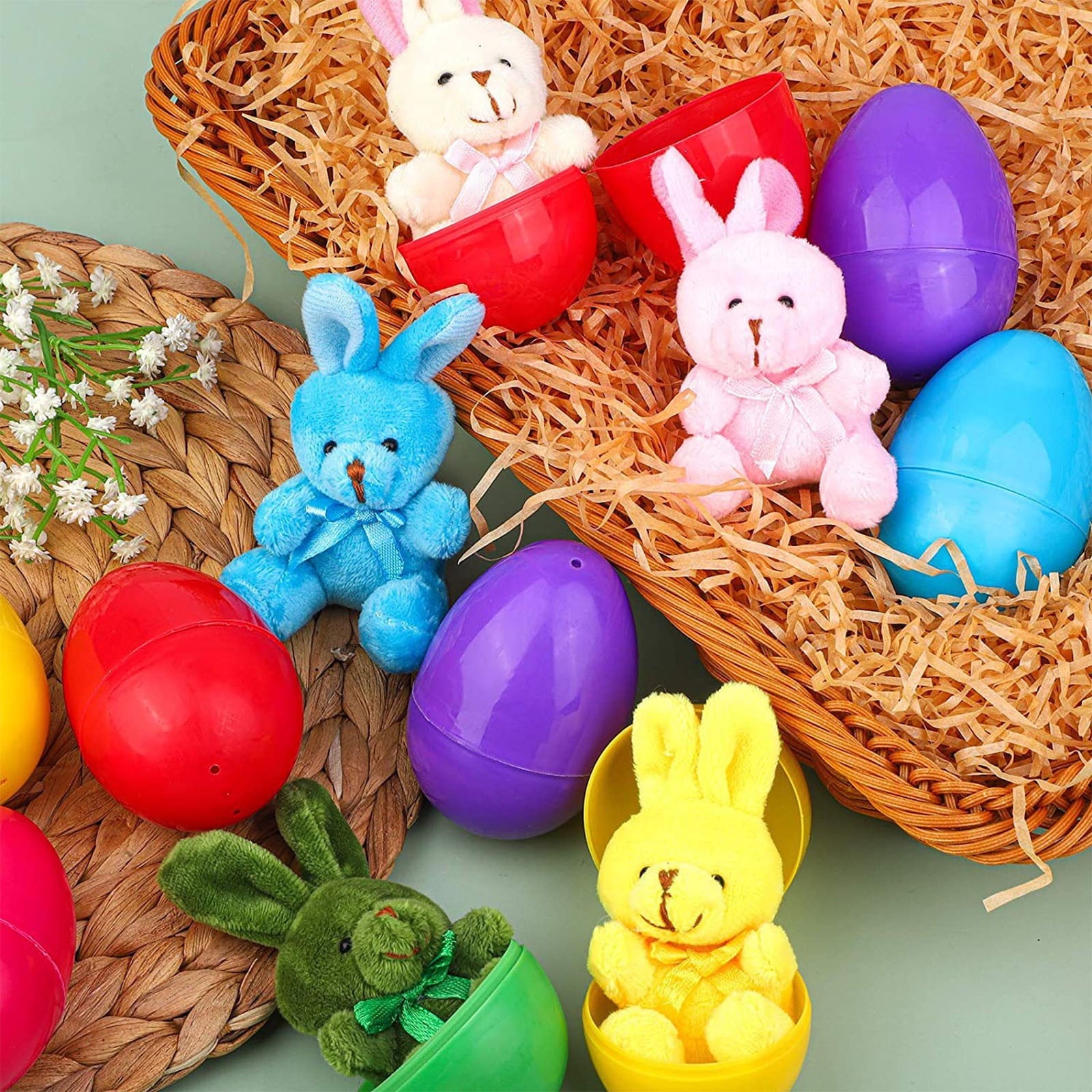 12 Pack Prefilled Easter Eggs with Stuffed Animals,3.3" Plastic Easter Eggs Filled with Bunny Toys,Perfect for Party Basket Stuffers Fillers (A)