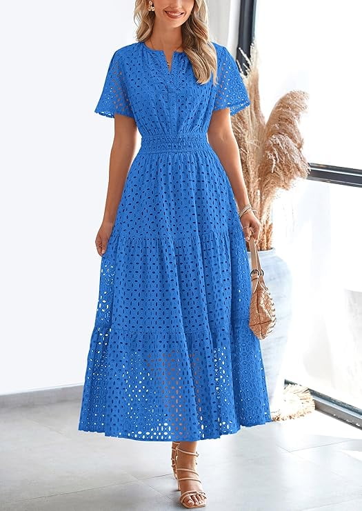 PRETTYGARDEN Womens Summer Maxi Dress Short Sleeve V Neck Hollow Out Eyelet A Line Long Flowy Beach Vacation Dresses