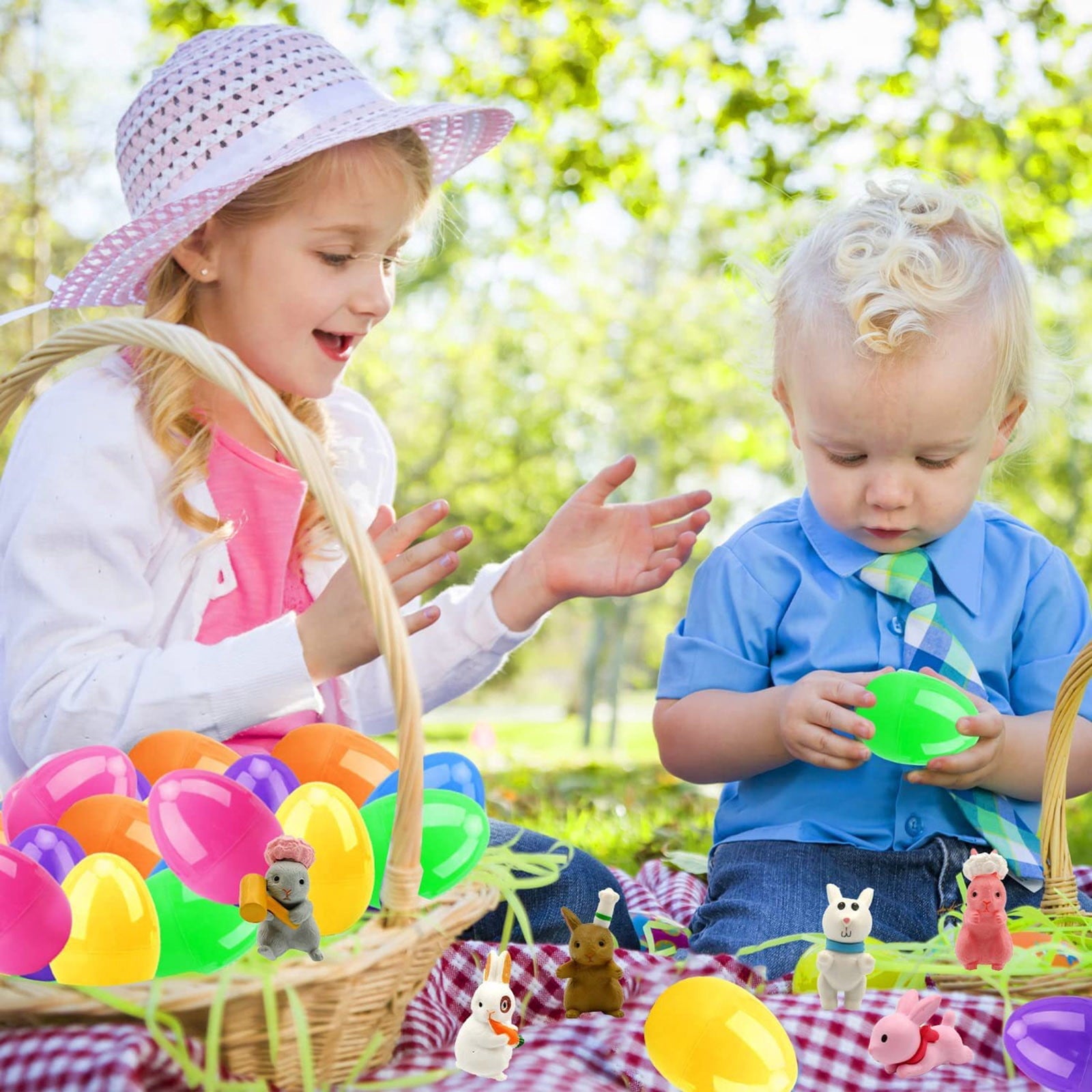 Vwrxbz 12-Pcs Plastic Easter Eggs Filled with Colorful Bunny Ornaments for Easter Egg Hunting, Easter Basket Stuffers, Party Favors, Classroom Prizes, Holiday Gift Supplies