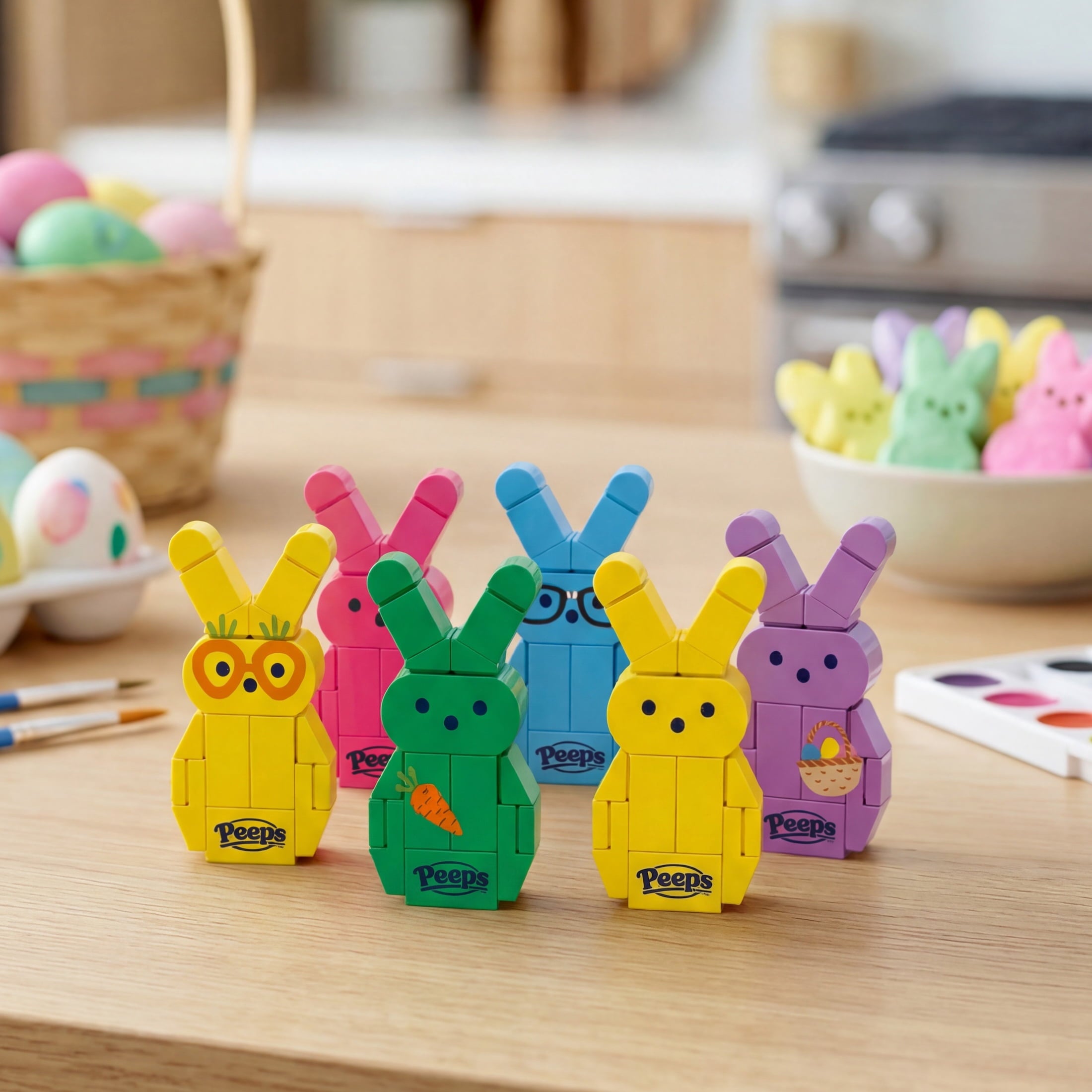 Brickcraft PEEPS Green, Pink and Yellow Bunny Building Kit (63-Piece Set), Easter Candy Brick Toy, 3 Buildable Bunnies, Customizable Stickers, Spring Gift, Easter Basket Stuffer, Collectible Display