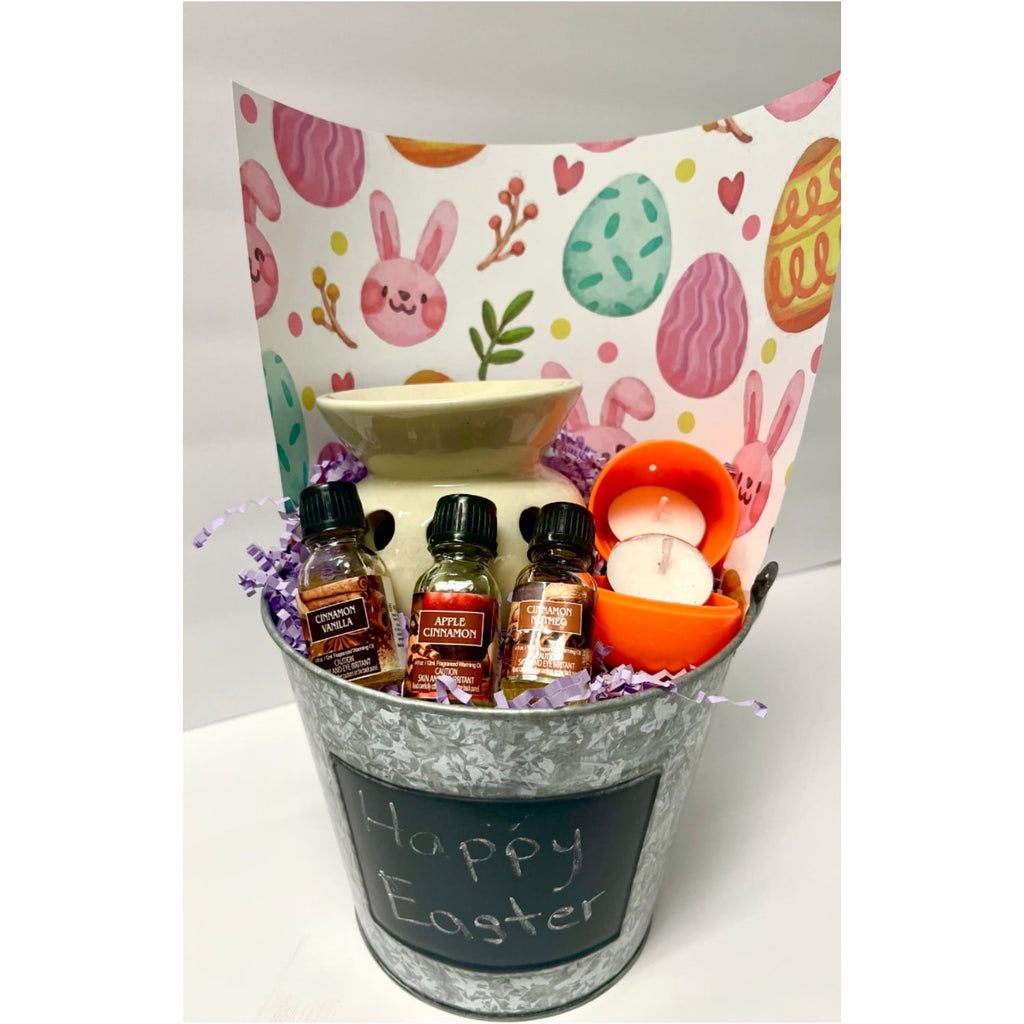 Hosley Easter Basket Gift Set. Including 1 Metal Pail 7" Dia x 6" H & 1 Cream Ceramic Warmer & 3 Pack Warming Oils 12ml Each