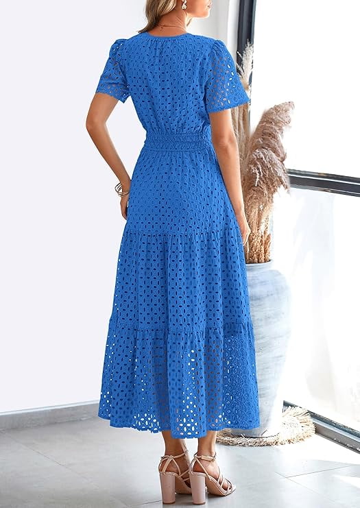 PRETTYGARDEN Womens Summer Maxi Dress Short Sleeve V Neck Hollow Out Eyelet A Line Long Flowy Beach Vacation Dresses