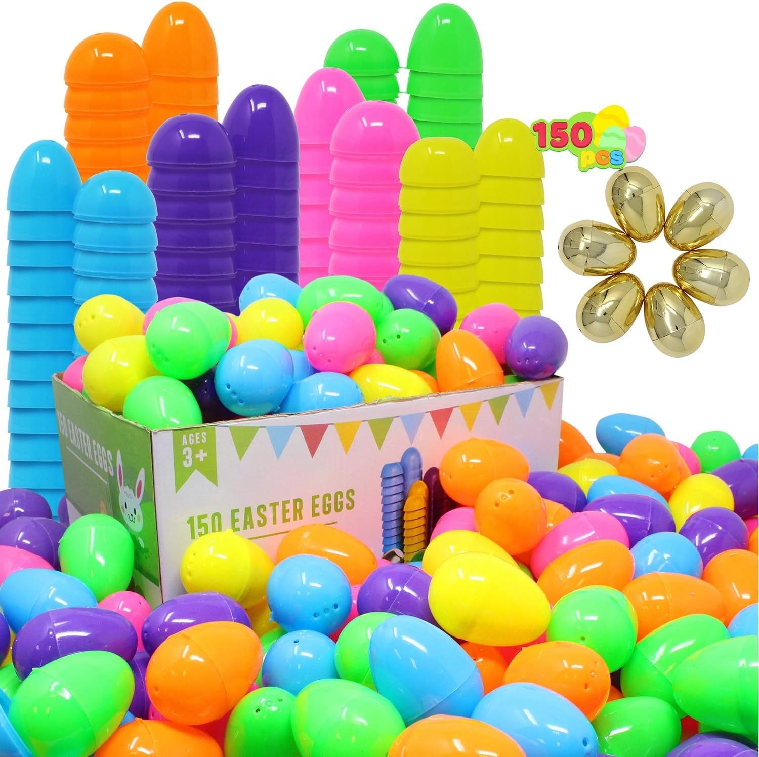 Joyfy 150 Pcs 2.3" Easter Eggs, Fillable Empty Plastic Easter Eggs Bulk with 6 Pcs Gold Eggs for Easter Hunt, Filling Treats, Party Favor, Basket Stuffers, Classroom Prize Supplies, Decoration