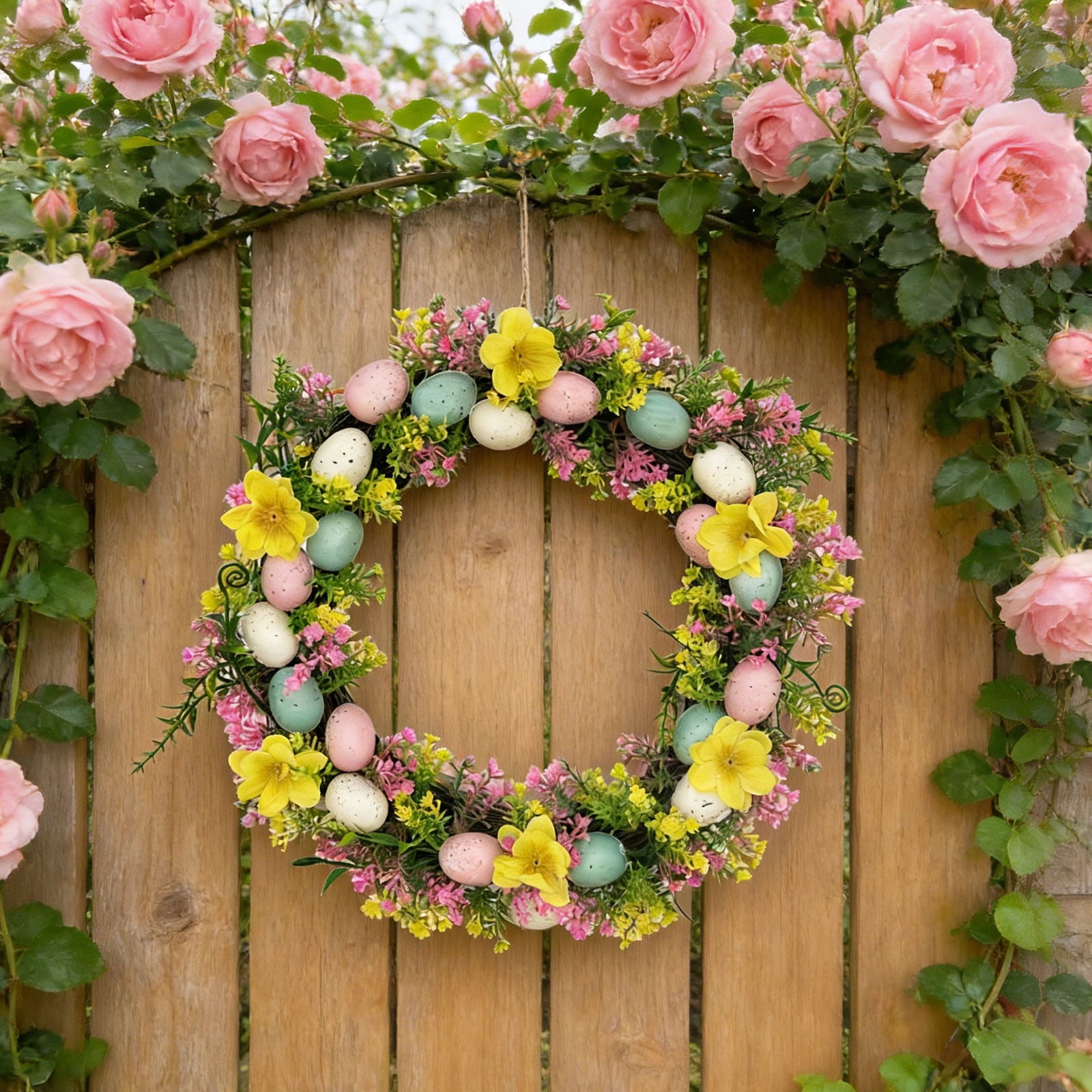 Rijanmt Easter Artificial Flower Wreath With Colorful Eggs,Spring Wreath Hydrangea Daisy Eucalyptus Leaves With Bunny Egg,For Front Door Farmhouse April Holiday Wall Home Window Decor,7.87" Dia
