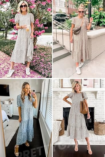 PRETTYGARDEN Women's Summer Casual Boho Dress Floral Print Ruffle Puff Short Sleeve Flowy Midi Beach Party Dresses