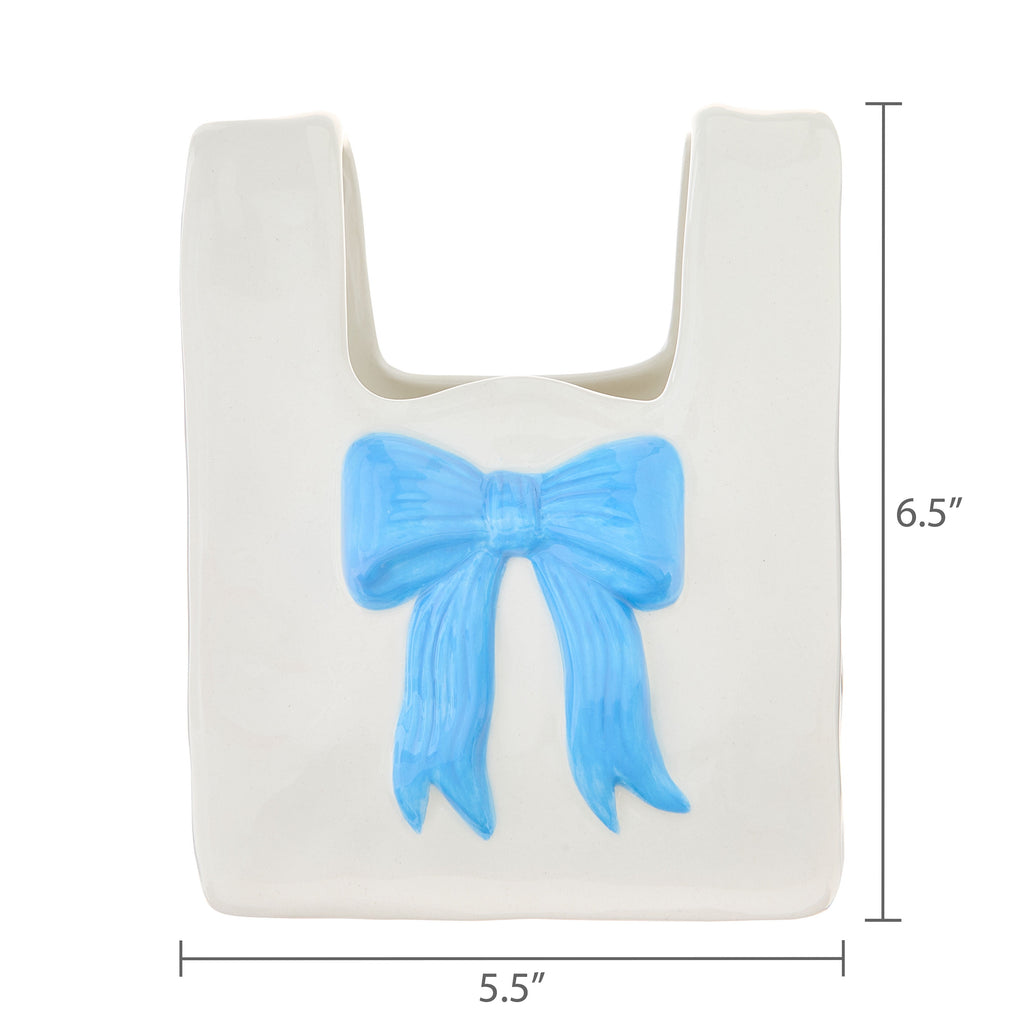Ceramic Bag Vase with Bow, Cream and Blue, 6.5", Valentine's Day by Way To Celebrate