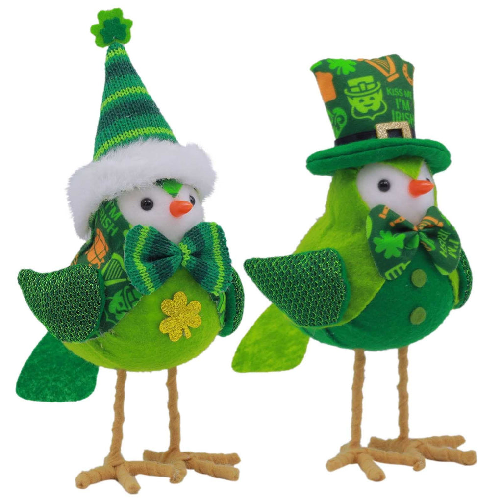 Lksixu St.Patrick's Day Birds Ornaments, 3D Green Shamrock Bird Figurines with Hat and Bow, Handmade Irish Luck Inseparable Birds Doll Spring Table Decor Animals Garden Statue for Window Party