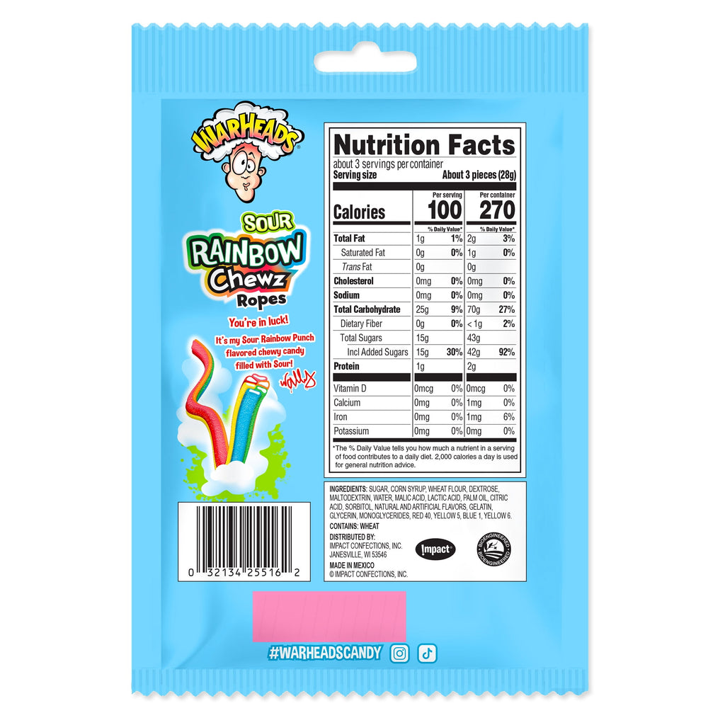 Warheads Sour Rainbow Chewz Ropes, 3oz