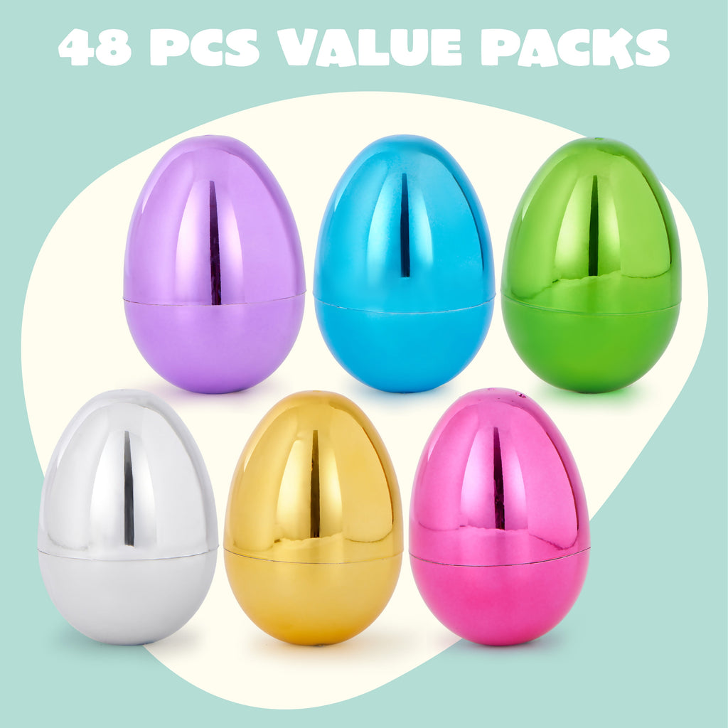 Joyfy 48 Pcs Metallic Easter Eggs, 3.15" Shinny Empty Plastic Easter Eggs Fillable, 6 Colors Bulks for Easter Hunt, Filling Treats, Easter Basket Stuffers, Classroom Prize Supplies