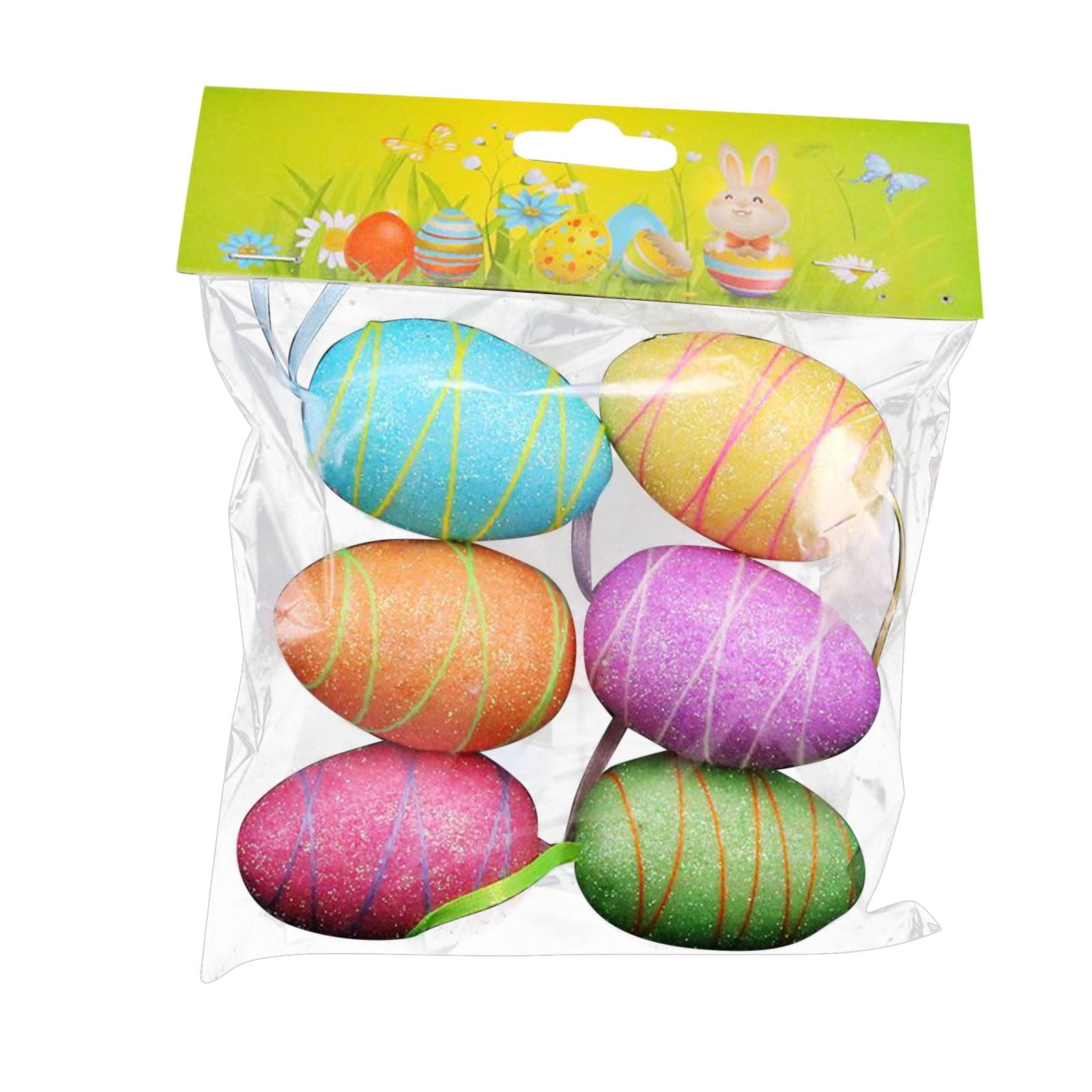 Holloyiver 6Pcs Glitter Easter Egg Ornaments, Colorful Decorative Easter Egg Foam Egg Tree Hanging Ornaments DIY Craft for Easter Home Office Party Decor, 2.4 x 1.6 Inch