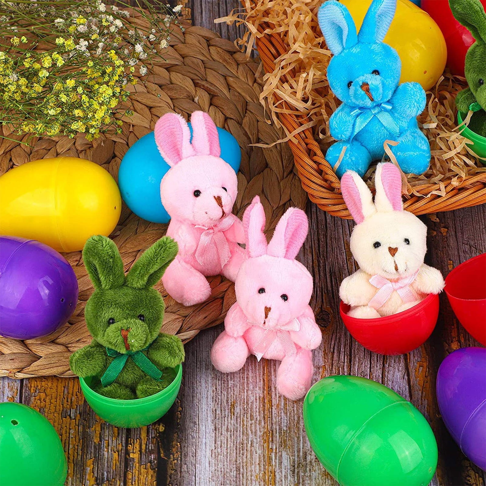 12 Pack Prefilled Easter Eggs with Stuffed Animals,3.3" Plastic Easter Eggs Filled with Bunny Toys,Perfect for Party Basket Stuffers Fillers (A)