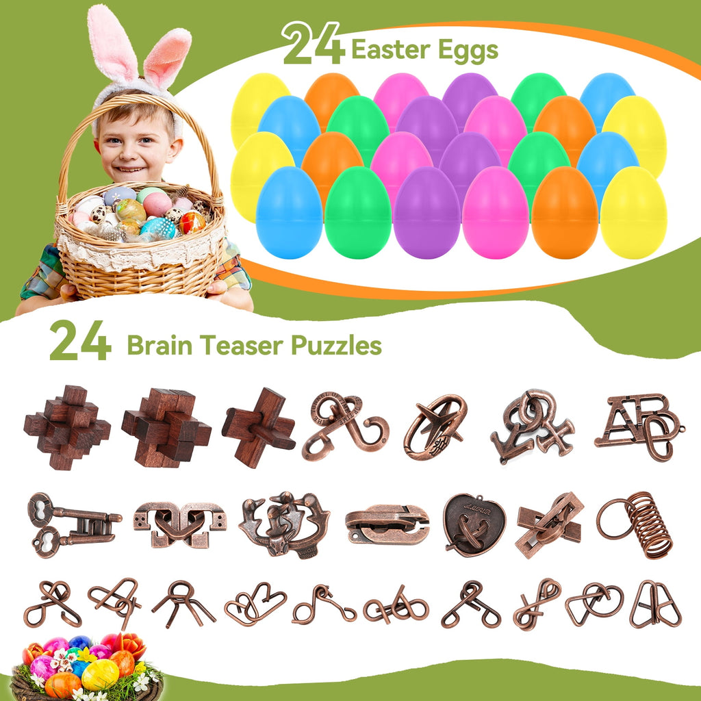 24 Pack Prefilled Easter Eggs with Brain Teaser Puzzles Toys Easters Egg Filled for Kids Boys Girls Easters Basket Stuffers for Kids Teens Adults Easter Eggs Hunt Game Classroom Prize Supplies