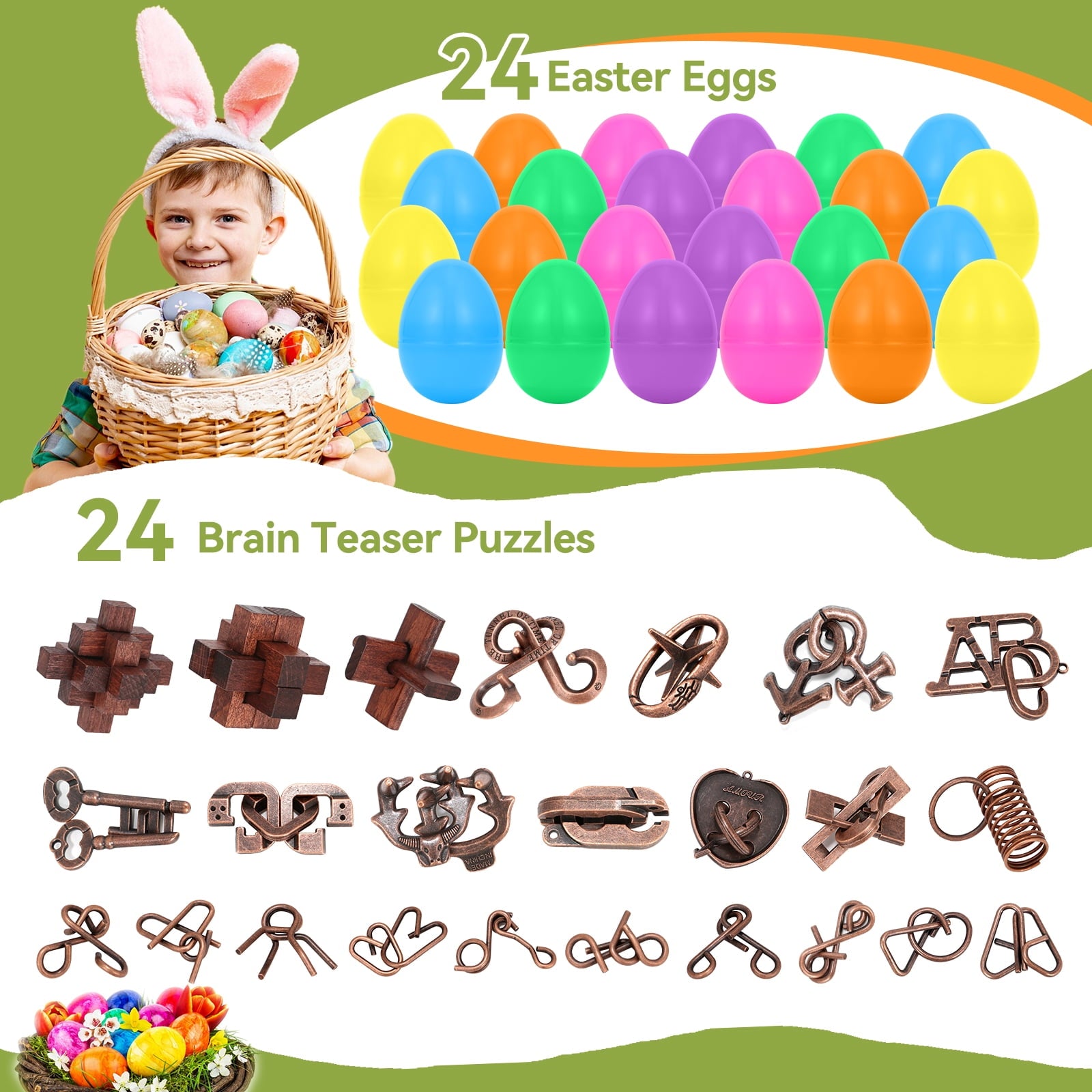 24 Pack Prefilled Easter Eggs with Brain Teaser Puzzles Toys Easters Egg Filled for Kids Boys Girls Easters Basket Stuffers for Kids Teens Adults Easter Eggs Hunt Game Classroom Prize Supplies