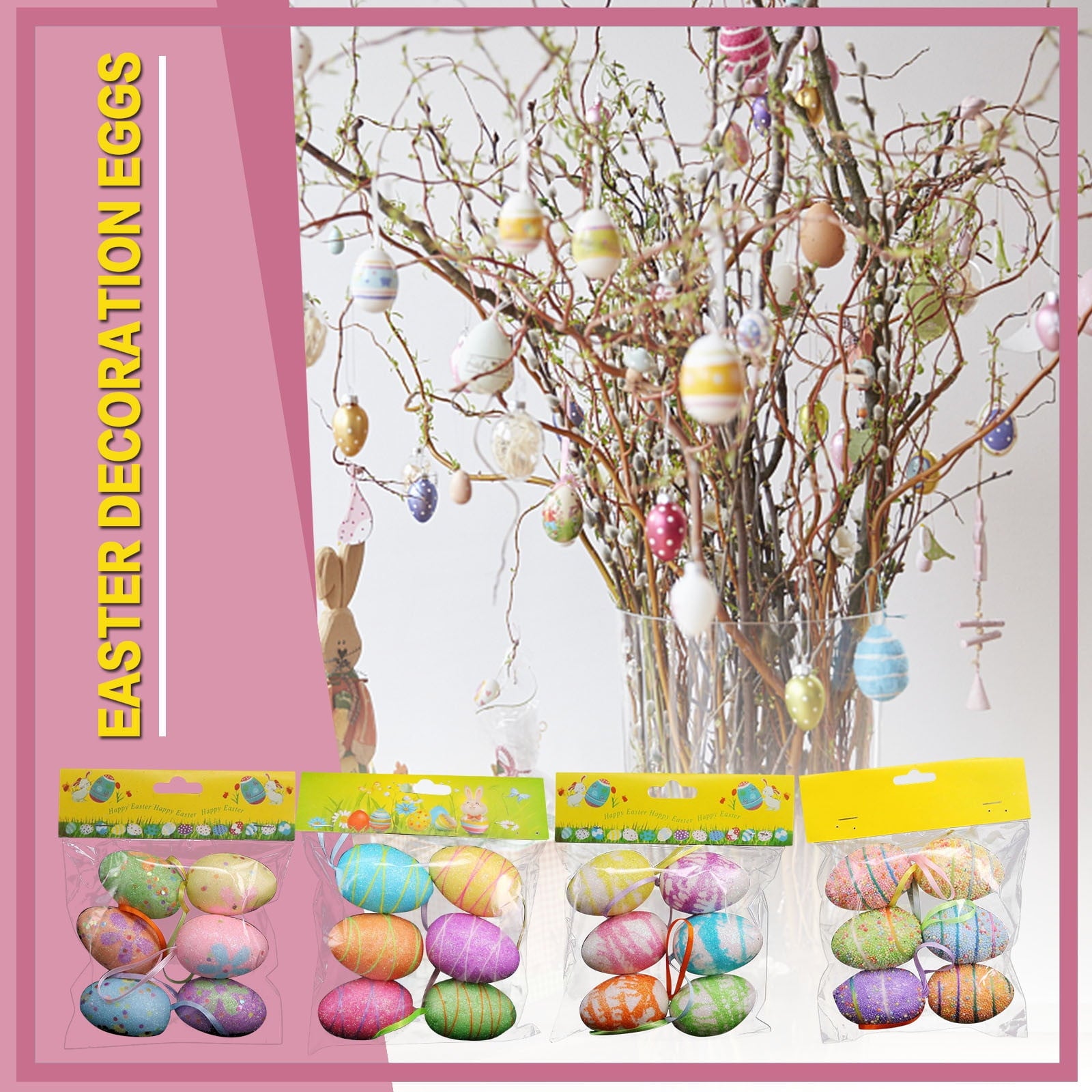 Holloyiver 6Pcs Glitter Easter Egg Ornaments, Colorful Decorative Easter Egg Foam Egg Tree Hanging Ornaments DIY Craft for Easter Home Office Party Decor, 2.4 x 1.6 Inch