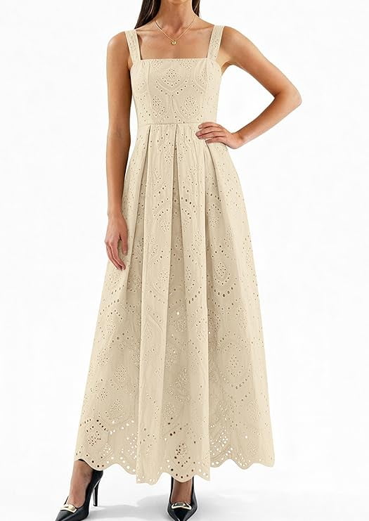 PRETTYGARDEN Womens Sleeveless Maxi Summer Dresses Hollow Out Eyelet Square Neck Ruffle Flowy Beach Vacation Sundress