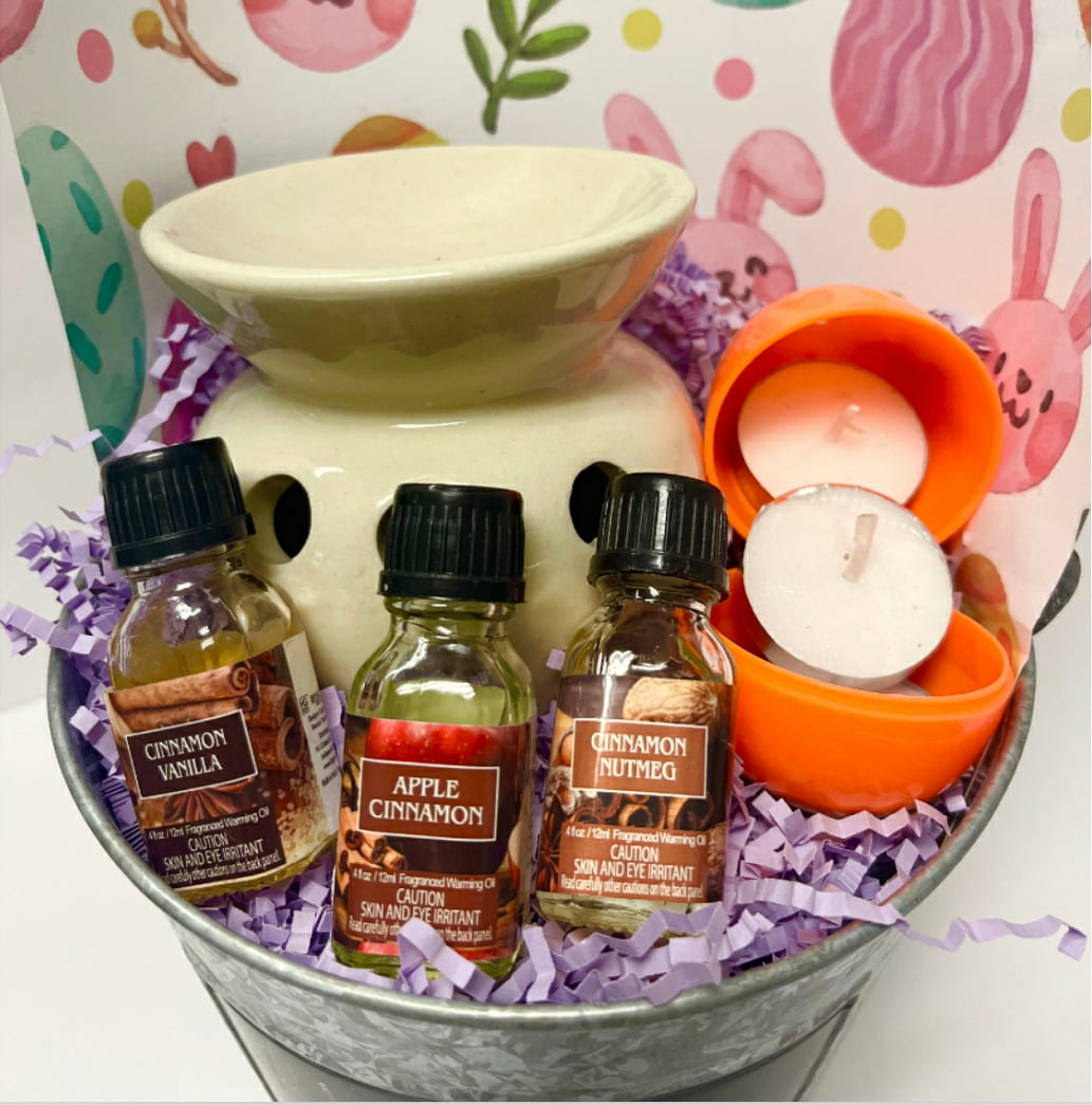 Hosley Easter Basket Gift Set. Including 1 Metal Pail 7" Dia x 6" H & 1 Cream Ceramic Warmer & 3 Pack Warming Oils 12ml Each