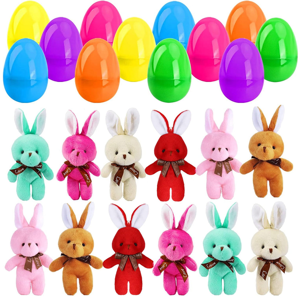 12 Pack Prefilled Easter Eggs with Stuffed Animals,3.3" Plastic Easter Eggs Filled with Bunny Toys,Perfect for Party Basket Stuffers Fillers (A)
