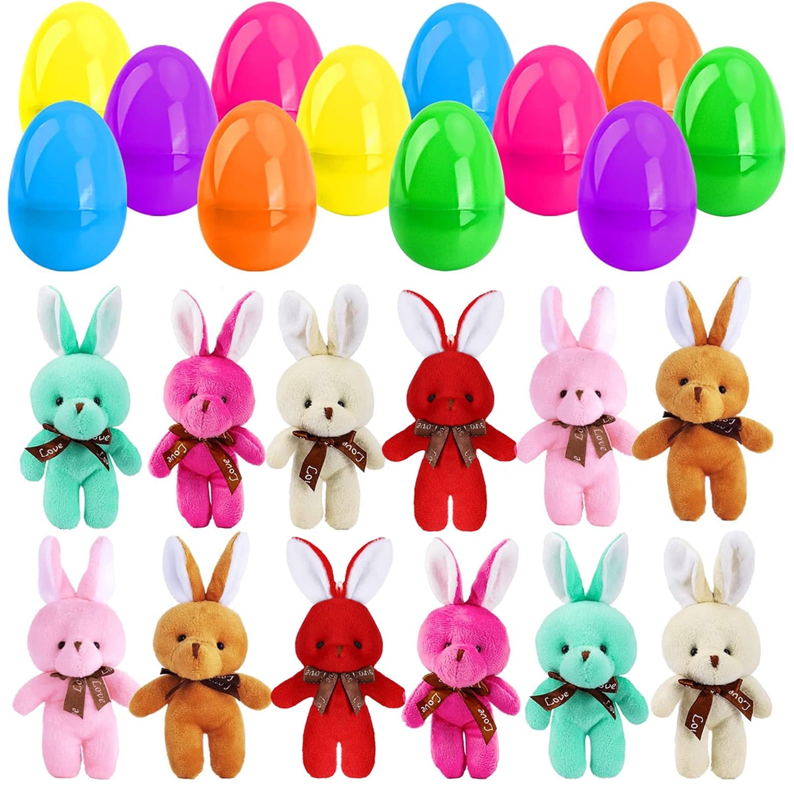 12 Pack Prefilled Easter Eggs with Stuffed Animals,3.3" Plastic Easter Eggs Filled with Bunny Toys,Perfect for Party Basket Stuffers Fillers (A)