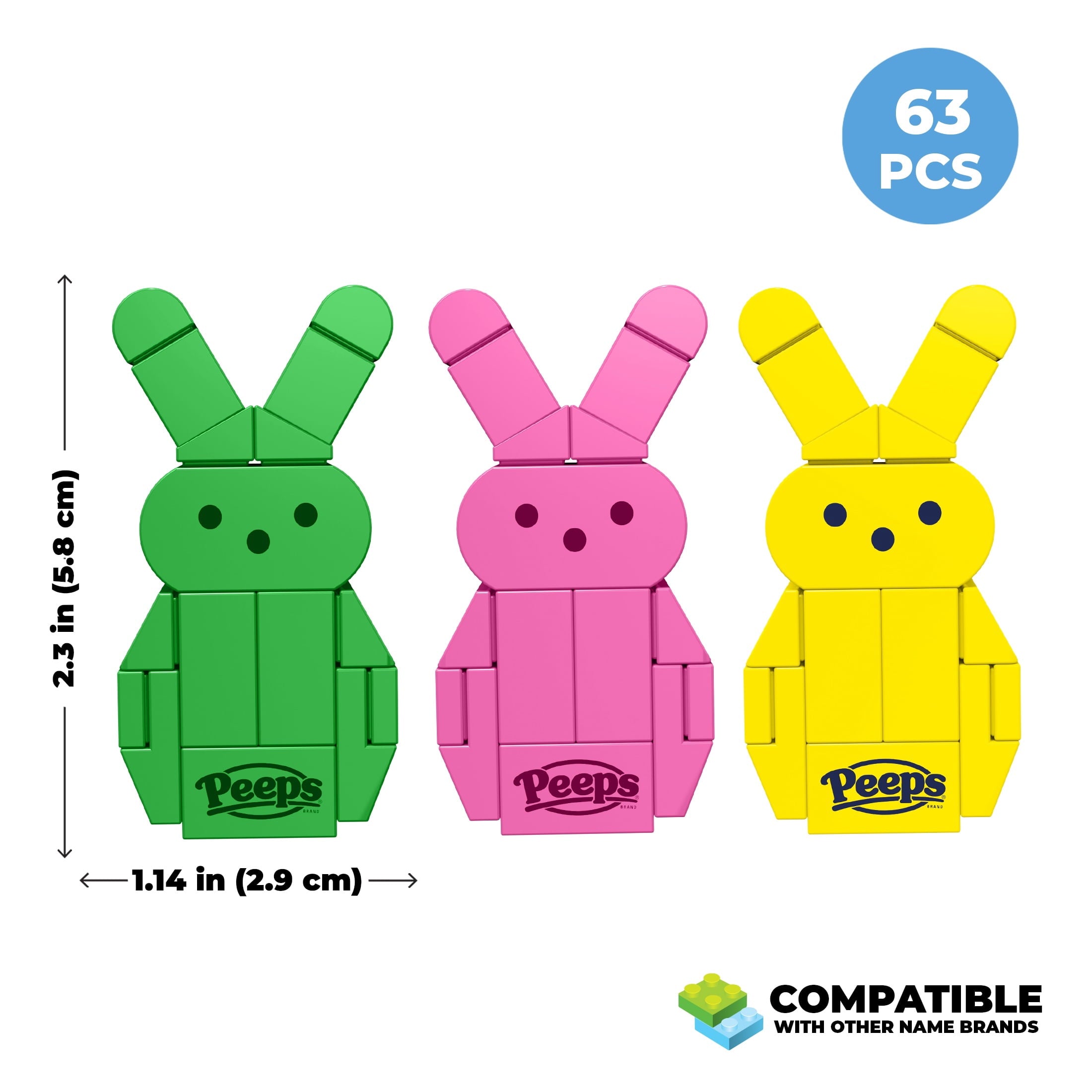 Brickcraft PEEPS Green, Pink and Yellow Bunny Building Kit (63-Piece Set), Easter Candy Brick Toy, 3 Buildable Bunnies, Customizable Stickers, Spring Gift, Easter Basket Stuffer, Collectible Display