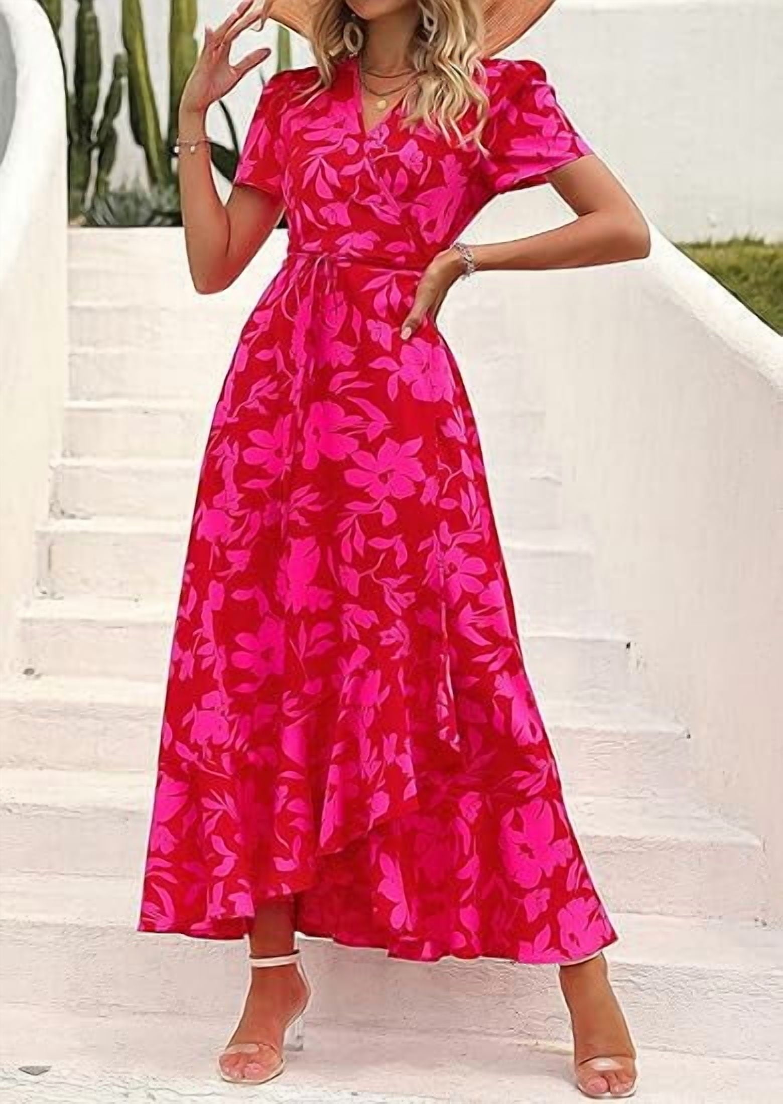 PRETTYGARDEN Women's Summer Wrap Maxi Dress Casual Boho Floral V Neck Short Sleeve Ruffle Hem Split Beach Long Dresses