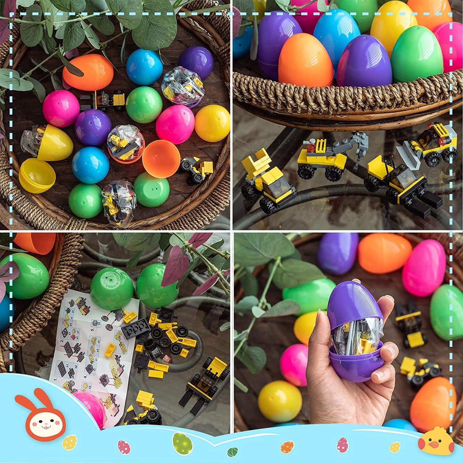 Fun Little Toys 12 Pcs Surprise Eggs Prefilled with Mini Construction Vehicles Building Blocks,Easter Eggs with Toys Inside,Easter Basket Stuffers,Classroom Prizes,Kids Easter Gifts