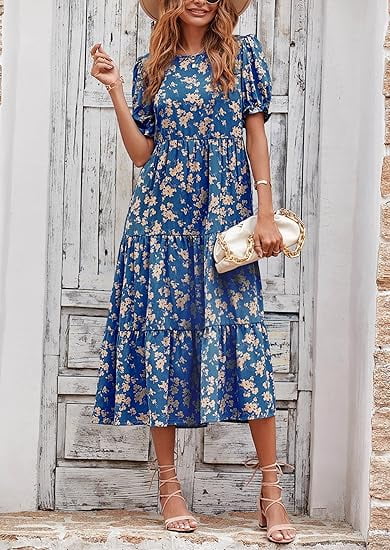PRETTYGARDEN Women's Summer Casual Boho Dress Floral Print Ruffle Puff Short Sleeve Flowy Midi Beach Party Dresses