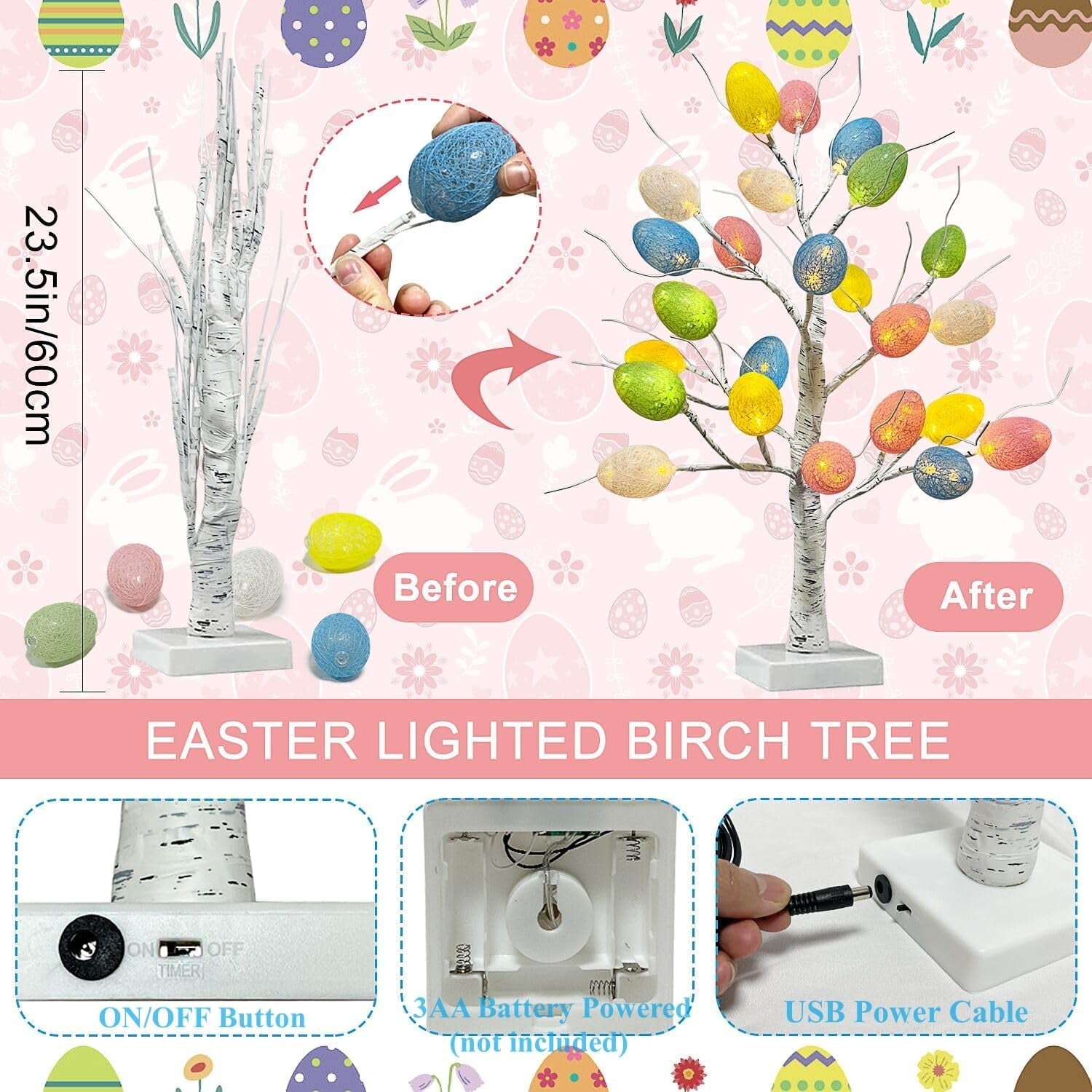Easter Decorations,  Lighted Easter Egg Tree Tabletop 21-inch Artificial Birch Tree Lights Include 24 Pieces Egg Ornament for Spring Holiday Tabletop Decor