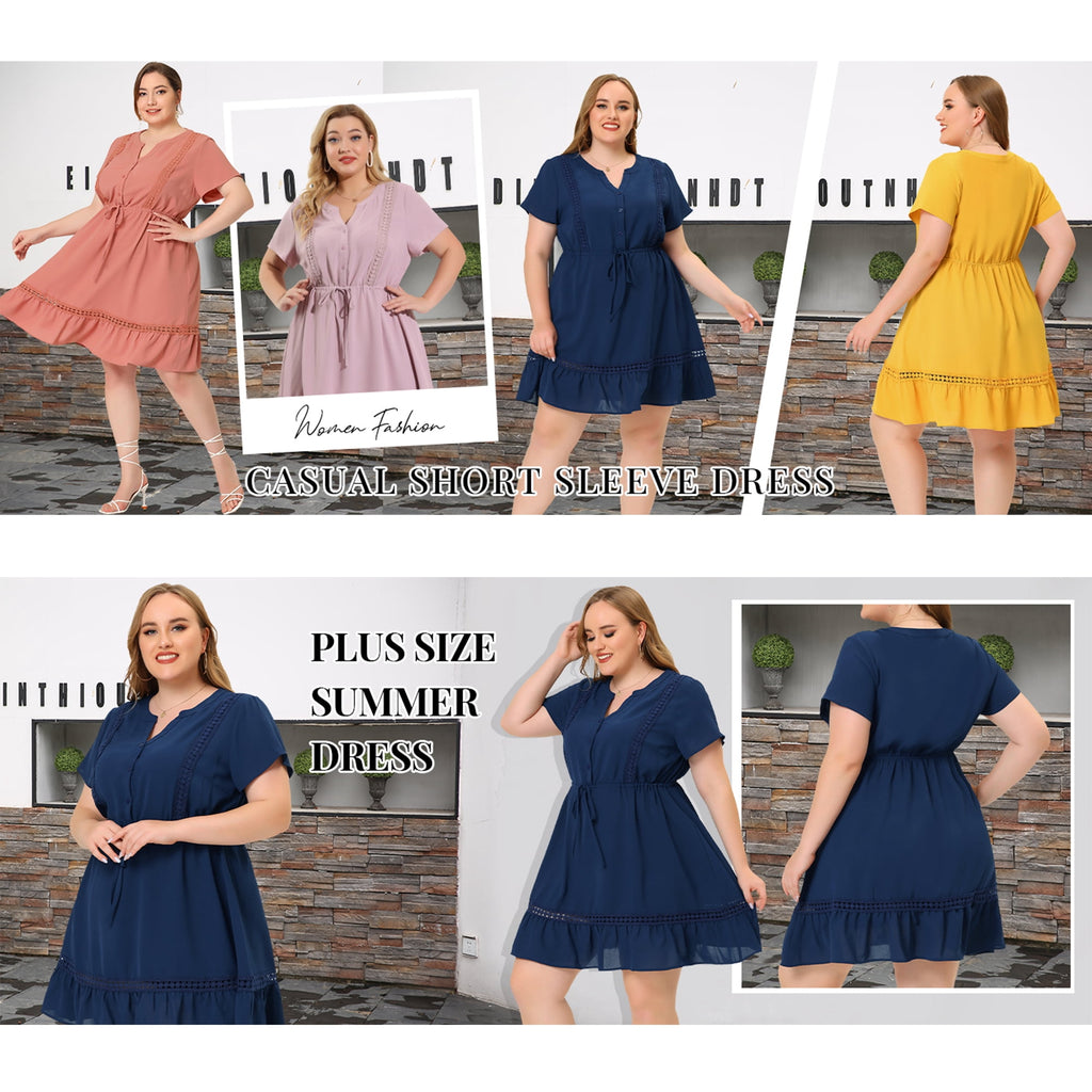 GRACE & GRANDEUR Women's Plus Size St. Patrick's Day Dress V Neck Short Sleeves Tie Waist Summer Shirt Dresses 1X Gray Purple