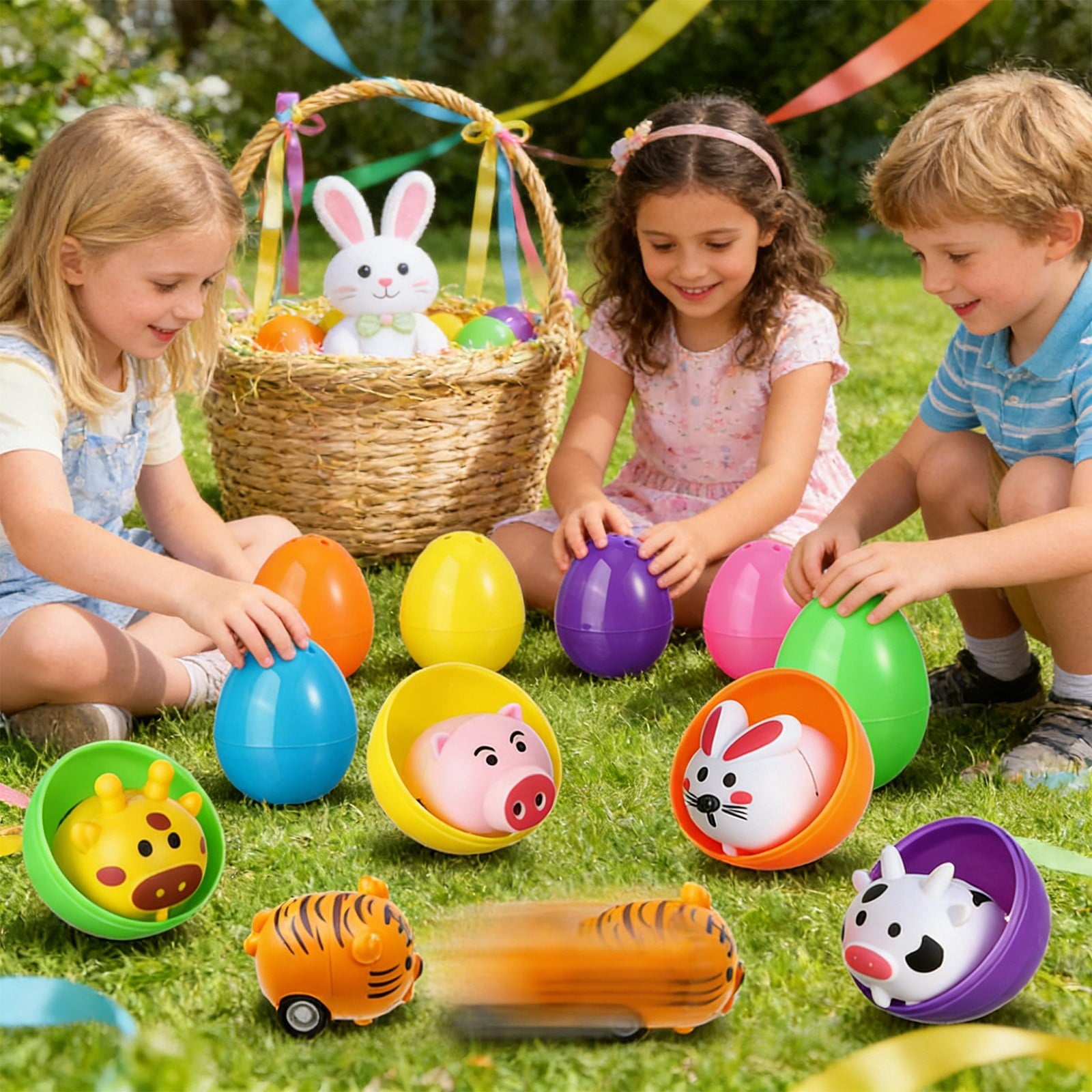 Tyidzon Easter Eggs with Toys Inside, 6 Pack Animal Car Toys in Plastic Eggs, 1.6" Mini Surprise Easter Egg for Basket Stuffers Eggs Hunt Party Favors