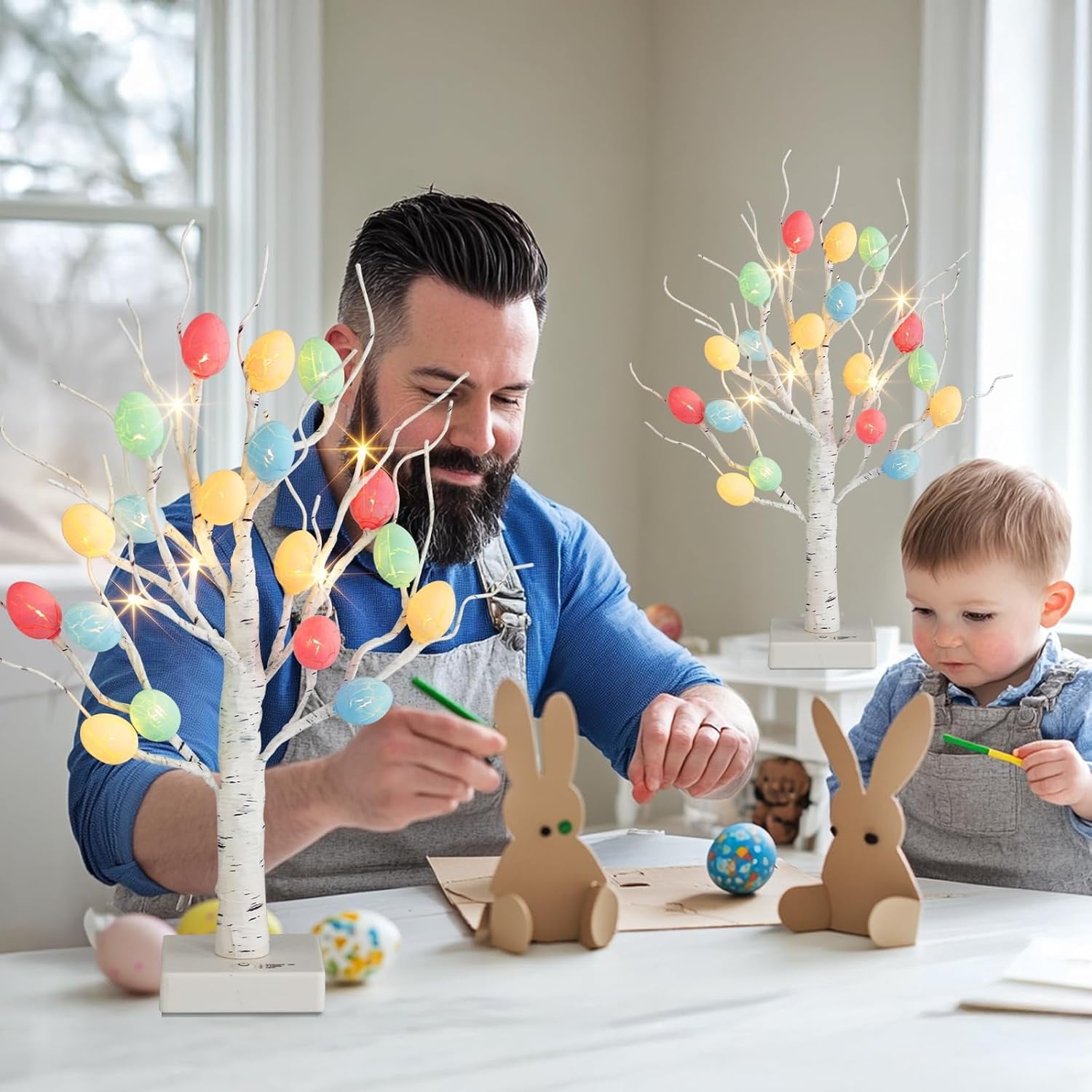 Easter Decorations,  Lighted Easter Egg Tree Tabletop 21-inch Artificial Birch Tree Lights Include 24 Pieces Egg Ornament for Spring Holiday Tabletop Decor