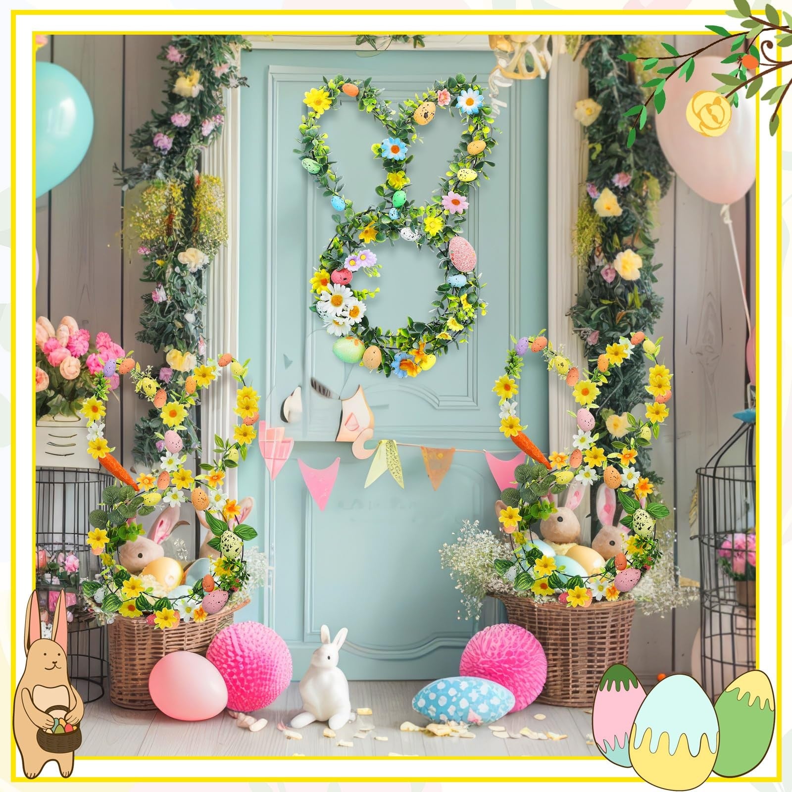 KUAZOU Bunny Wreath,Earmouse Supply Floral Garden Easter Bunny Head Shaped Wire Wreath Form - 16.5 Inches