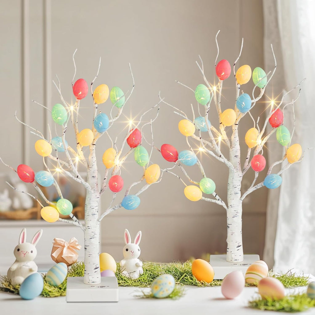 Easter Decorations,  Lighted Easter Egg Tree Tabletop 21-inch Artificial Birch Tree Lights Include 24 Pieces Egg Ornament for Spring Holiday Tabletop Decor