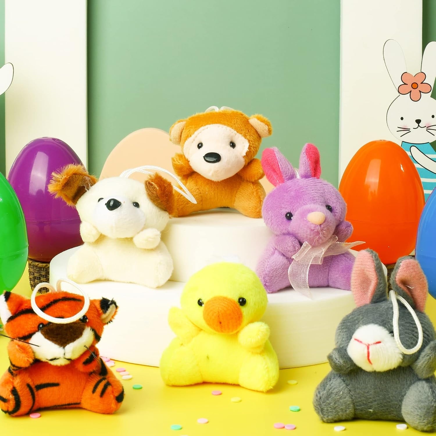 1 Pcs Prefilled Easter Eggs with Mini Plush Animals, Cute Stuffed Toy Fillers for Kids Easter Egg Hunt, Basket Stuffers, Classroom Prizes and Party Favors