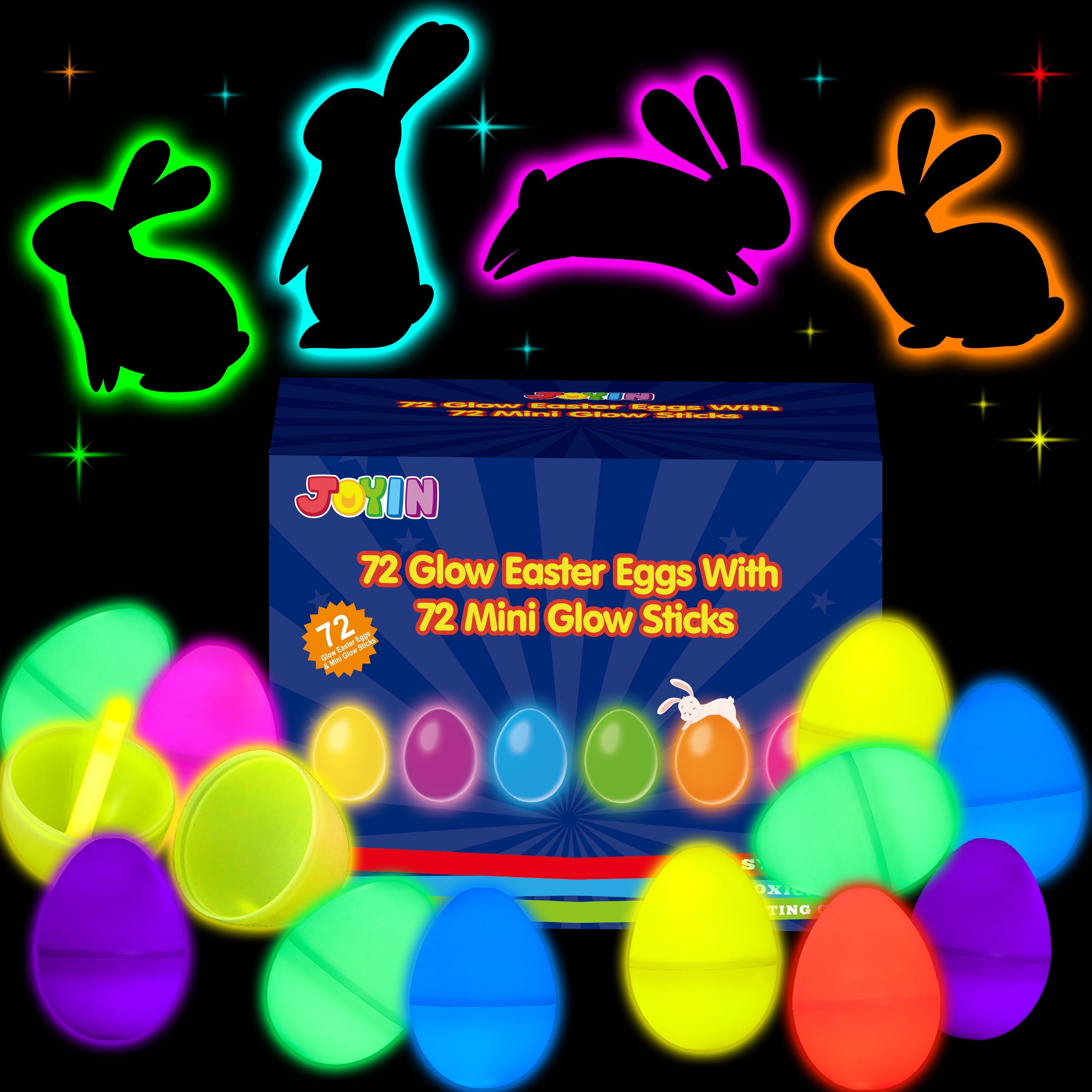 JOYFY 144 Pcs Easter Eggs Filled with Toys (72 Eggs & 72 Glow Sticks),Easter Glowing Eggs Set for Kids,Easter Basket Stuffers Fillers Gift,Easter Eggs Hunt Game Party Favors