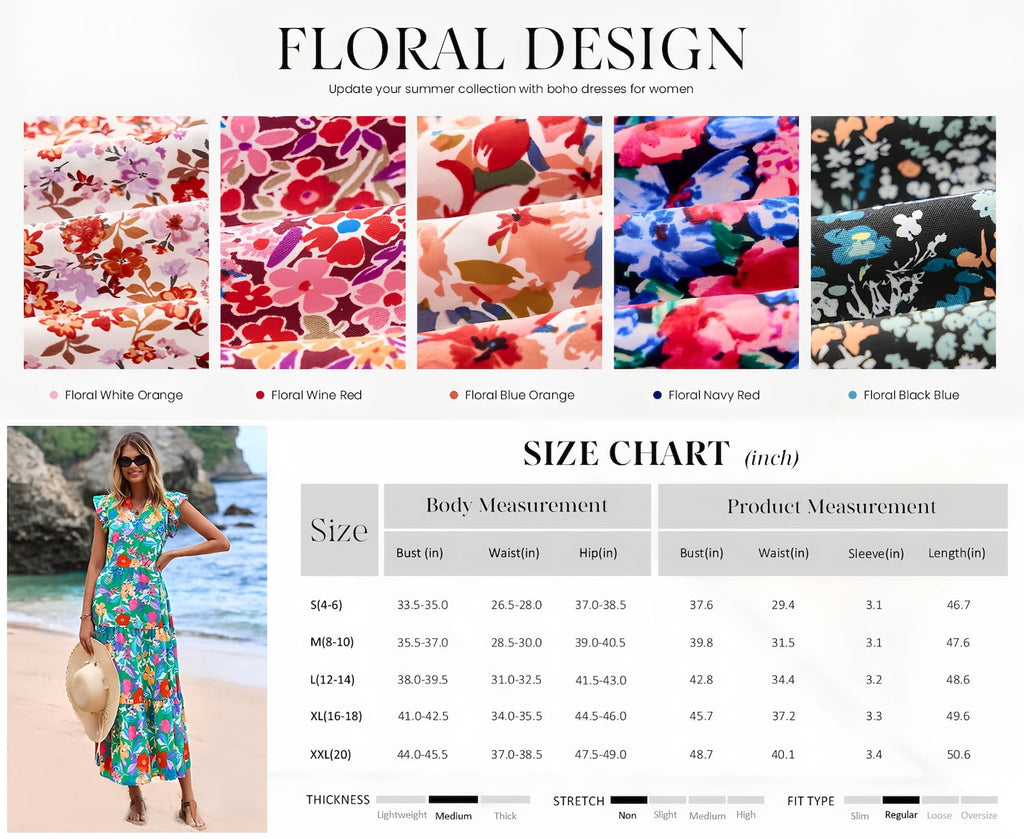 PRETTYGARDEN Women's Summer Floral Midi Dress Cap Sleeve V Neck Ruffle Long Flowy Boho Casual Beach Vacation Dresses