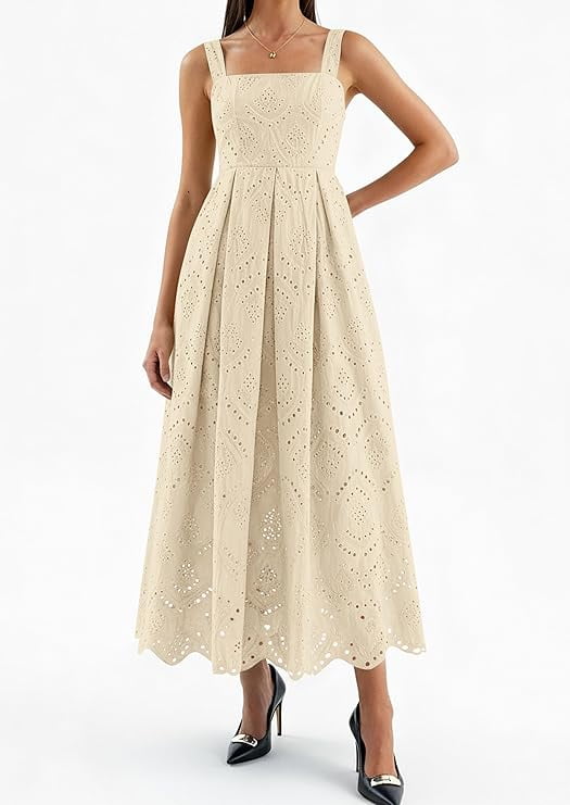 PRETTYGARDEN Womens Sleeveless Maxi Summer Dresses Hollow Out Eyelet Square Neck Ruffle Flowy Beach Vacation Sundress