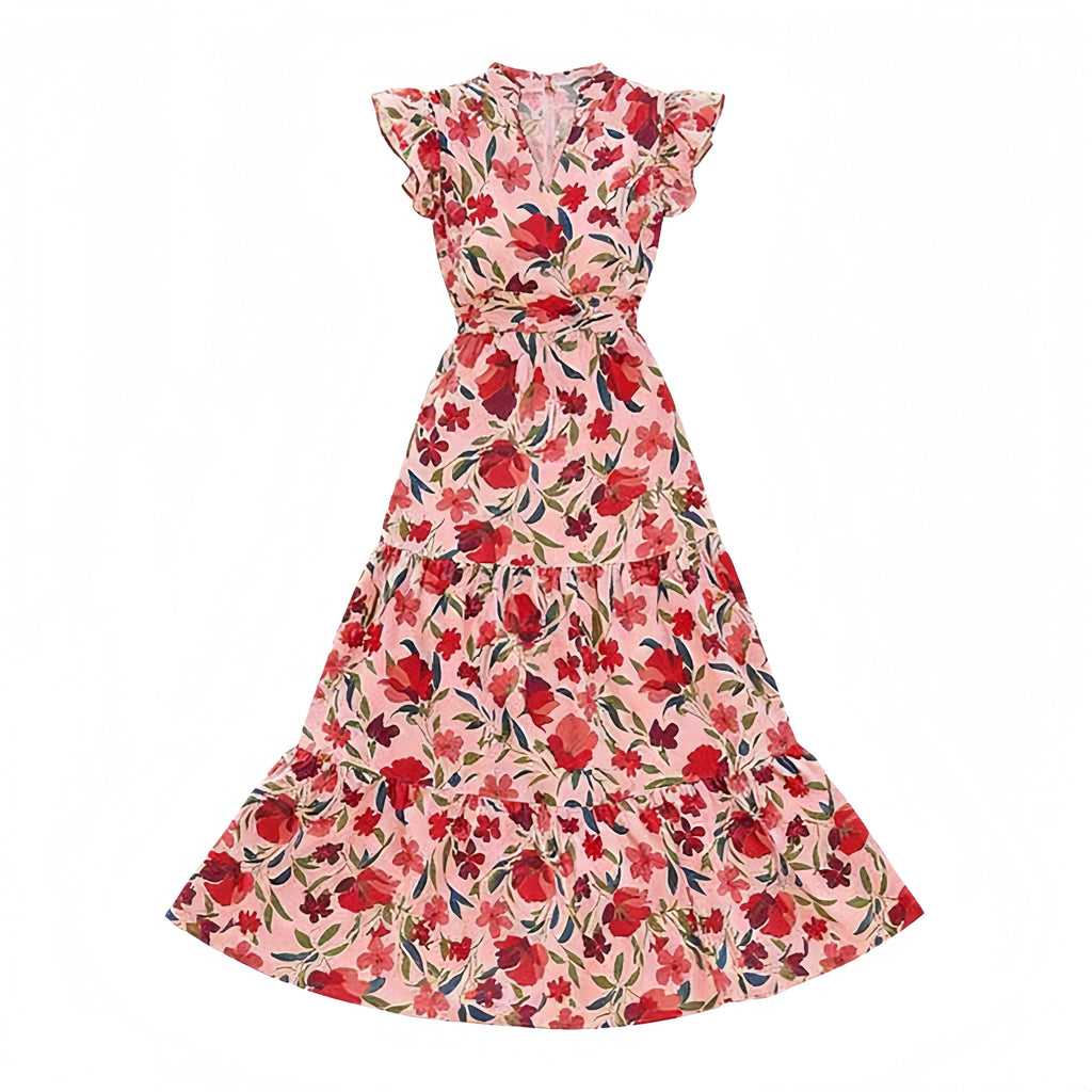 PRETTYGARDEN Women's Summer Floral Midi Dress Cap Sleeve V Neck Ruffle Long Flowy Boho Casual Beach Vacation Dresses